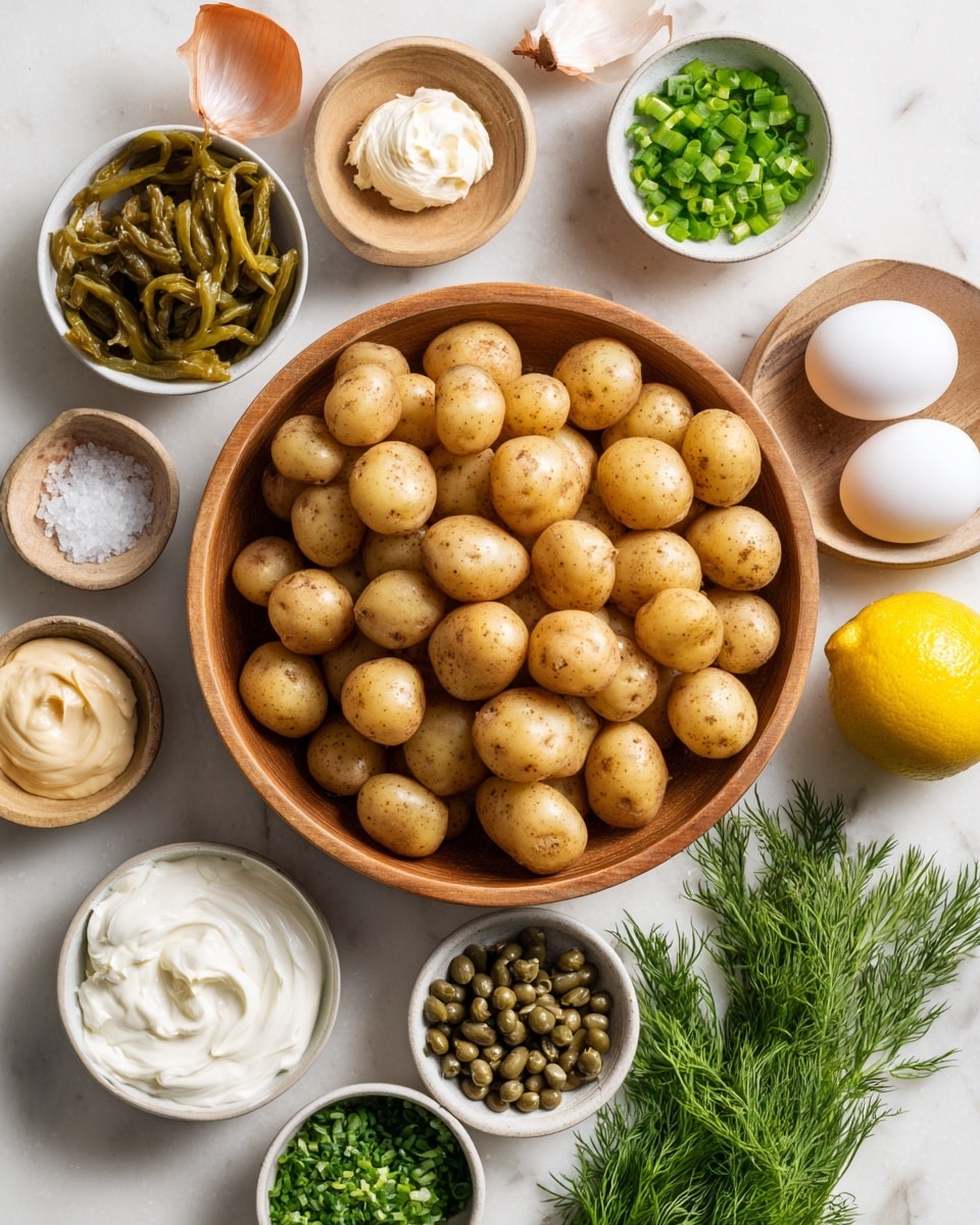 A round light wooden bowl filled with many small light brown baby potatoes sits in the center on a white marbled surface. Around it are small white bowls filled with different ingredients: finely chopped green chives, white sour cream with a smooth texture, a few hard boiled white eggs, small green pickles, and coarse white kosher salt. There are also small bowls and dishes with beige mayonnaise, light brown Dijon mustard, small green capers, and a dish with white ground white pepper. Two light brown shallots and a bright yellow lemon are placed near the bowls, along with a fresh bunch of green dill. photo taken with an iphone --ar 4:5 --v 7