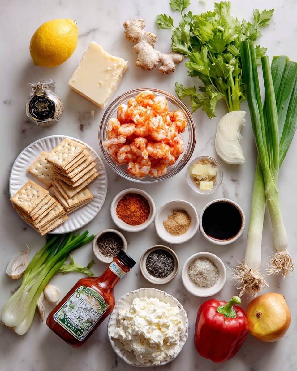 The image shows a flat lay of various ingredients for a dish, all arranged on a white marbled surface. In the center, there is a clear plastic bag of orange crawfish tails. To the left near the top, a white plate holds a block of sharp white cheddar cheese and a small stack of beige Parmesan crackers. Below that, green onions with white roots rest diagonally, with a small stack of Ritz crackers at the bottom left corner. Near the middle right, a decorative white plate contains a thick layer of smooth cream cheese. Surrounding these are fresh vegetables including a whole lemon on the left, green celery stalks and a bunch of parsley at the top right, a yellow onion to the right, and a green and red bell pepper side by side near the bottom right. Several small bowls hold spices and sauces: light brown Creole mustard, black pepper, kosher salt, light tan horseradish, unsalted butter on a small white plate, and a dark Worcestershire sauce in a small white bowl. A bottle of red Louisiana hot sauce stands vertically near the bottom center. A single whole head of garlic is placed near the top center. The colors are vibrant, and the textures range from creamy to crunchy to fresh produce, all neatly spaced across the smooth white marbled background photo taken with an iphone --ar 4:5 --v 7