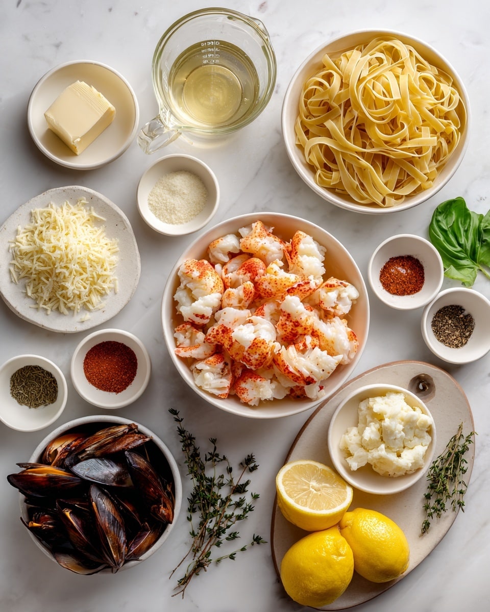 The image shows a top view of various ingredients arranged neatly on a white marbled surface. In the center is a white bowl filled with bright orange and white cooked lobster chunks sitting in a buttery sauce. To the top right is a large white bowl of cooked pale yellow pasta noodles. Nearby, a clear measuring cup holds a light pale liquid labeled reserved pasta water, with a glass of white wine next to fresh green basil leaves. Below the lobster bowl is a white bowl filled with grated pale yellow Parmesan cheese and a small white bowl with finely chopped white garlic. To the left is a small white plate with a pale yellow stick of unsalted butter and another white bowl containing finely chopped white onion. Above those are small white bowls containing black pepper, red pepper flakes, smoked paprika, and kosher salt. A couple of green thyme sprigs rest in a white bowl near the top left. Below, a brown bowl holds dark lobster shells. To the bottom right, a white plate with a brown rim holds a whole yellow lemon and several lemon wedges. The composition is well-lit and clean, with all ingredients clearly visible. Photo taken with an iphone --ar 4:5 --v 7