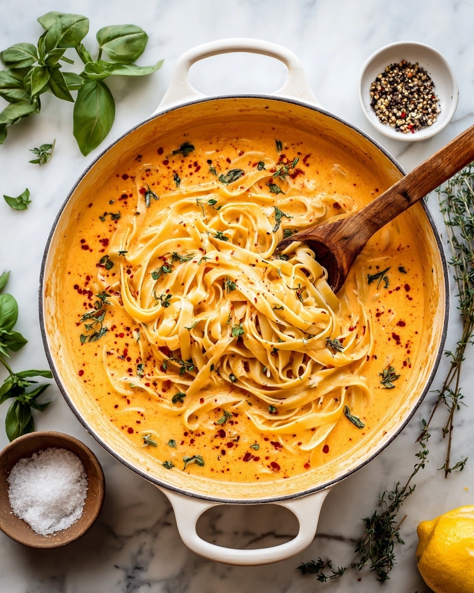 A large white pot filled with a creamy orange sauce at the bottom, visible with red pepper flakes and small green herbs mixed in. On top of this sauce, there is a thick layer of light yellow fettuccine pasta piled loosely, covering almost the entire surface of the pot. A wooden spoon with a thick handle is partially buried in the sauce and pasta, resting on the edge of the pot. Around the pot, the white marbled surface holds scattered fresh green basil leaves on the bottom left, a small brown bowl with white salt below the pot, a round white bowl with fresh thyme on the top right, a small white dish with black pepper above the pot, and a partially peeled yellow lemon on the lower right. The image is bright with soft natural lighting. Photo taken with an iphone --ar 4:5 --v 7