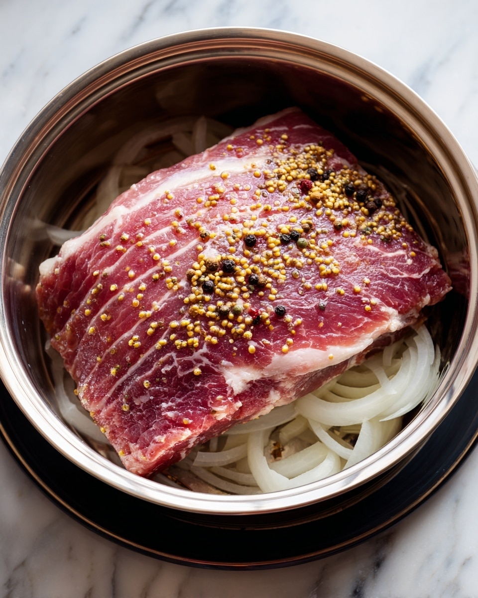 A large piece of raw meat with a marbled texture and a layer of fat on one side lies flat inside a shiny metal pot. The meat is sprinkled evenly with yellow mustard seeds and small black peppercorns. Below the meat, there is a bed of sliced white onions. The pot is surrounded by a black outer ring, set on a white marbled surface. A spoon is tucked slightly underneath the meat on the right side. The scene is lit softly from above, giving a clear view of the textures and colors. photo taken with an iphone --ar 4:5 --v 7