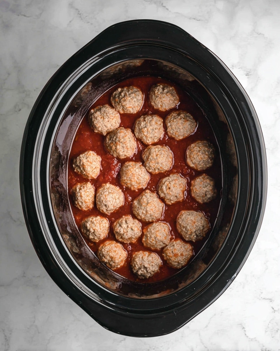A black slow cooker filled with a single layer of small, round raw meatballs on top of a thick, red tomato-based sauce. The meatballs are pale with some light orange spots, showing a slightly rough texture. The slow cooker is placed on a surface with a white marbled texture. photo taken with an iphone --ar 4:5 --v 7