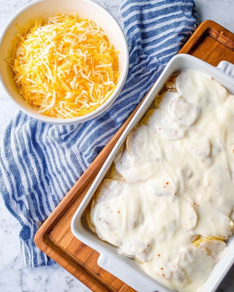 The image shows a white rectangular baking dish filled with layered slices of potatoes and a creamy white sauce poured thickly over the top, creating an uneven, smooth surface with small browned spots. Next to it, there is a white bowl filled with shredded yellow and white cheese, and a blue and white striped cloth is partially visible on a white marbled surface beneath them. The baking dish and bowl sit on a wooden cutting board that partially covers the white marbled texture. Photo taken with an iphone --ar 4:5 --v 7