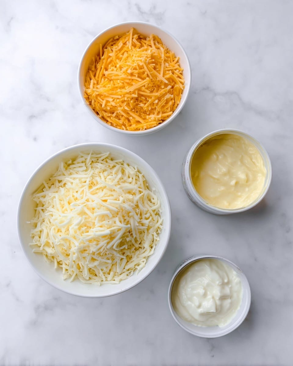 The image shows four white bowls and a small white can arranged on a white marbled surface. The largest bowl at the bottom right is filled with white shredded cheese that covers the bowl evenly. Above it to the left is a medium white bowl filled with orange and yellow shredded cheese layered tightly. To the right of that is a small open white can holding a smooth creamy yellow substance. Below these is the smallest white bowl containing a thick white creamy ingredient. The items are spaced apart with clear visibility of the white marbled texture beneath. Photo taken with an iphone --ar 4:5 --v 7