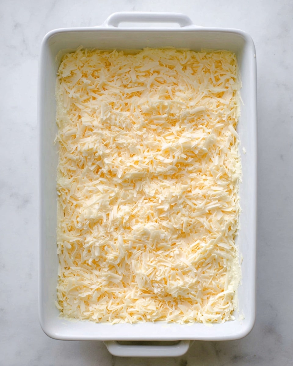 The image shows a rectangular white ceramic baking dish filled with a single thick layer of shredded mixture that appears creamy and soft, made of pale yellow and white strands closely packed together, creating a slightly uneven but smooth textured surface. The dish is placed on a white marbled surface, with the tops of the shredded mixture barely rising above the dish's edge. The color contrast between the soft yellow and white shreds gives the layer a subtle marbled look. Photo taken with an iphone --ar 4:5 --v 7