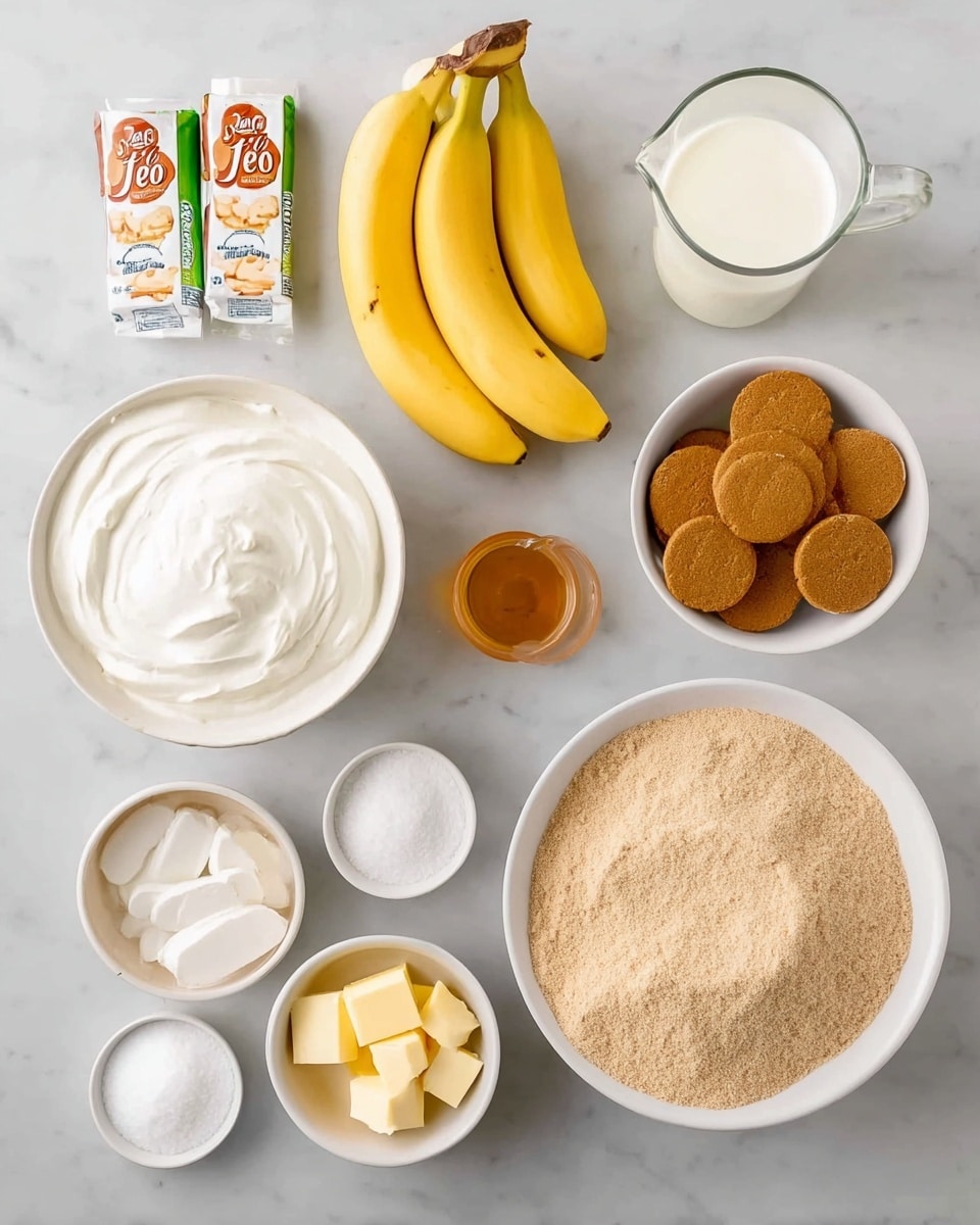 The image shows ingredients for a dessert neatly arranged on a white marbled surface. On the left side, there is a bowl of white whipped cream, two packs of vanilla Jell-O, a small white bowl filled with round brown cookies, a small glass of light brown liquid, and two yellow bananas placed next to each other. Above the bananas is a tall glass jug of milk. On the right side, there is a large white bowl filled with finely crushed light brown crumbs, a small white bowl of cubed pale yellow butter, a small white bowl of white sugar, and another small white bowl holding white salt and a small amount of brown cinnamon. Photo taken with an iphone --ar 4:5 --v 7