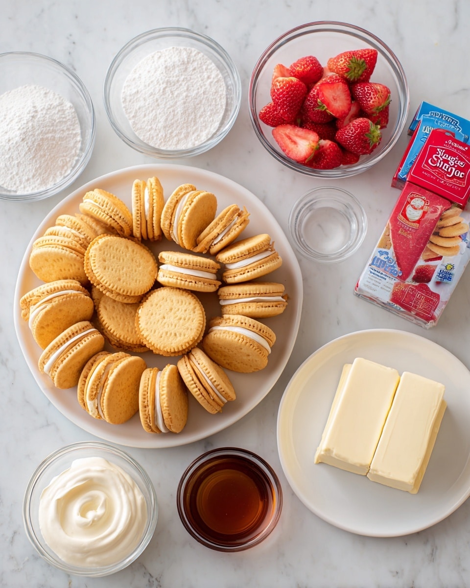 On a white marbled surface, there is a large white plate filled with stacked golden vanilla sandwich cookies arranged in a circular shape. Surrounding the plate are several clear glass bowls holding different ingredients: one with powdered sugar, one with chopped bright red strawberries, one with smooth white whipped cream, one with light creamy custard, and two small bowls containing clear water and amber vanilla extract. Two wrapped blocks of cream cheese, in white packaging with blue text, and a red box of strawberry Jell-O are also placed nearby. The setup is neat and brightly lit, arranged for clear visibility of each element photo taken with an iphone --ar 4:5 --v 7