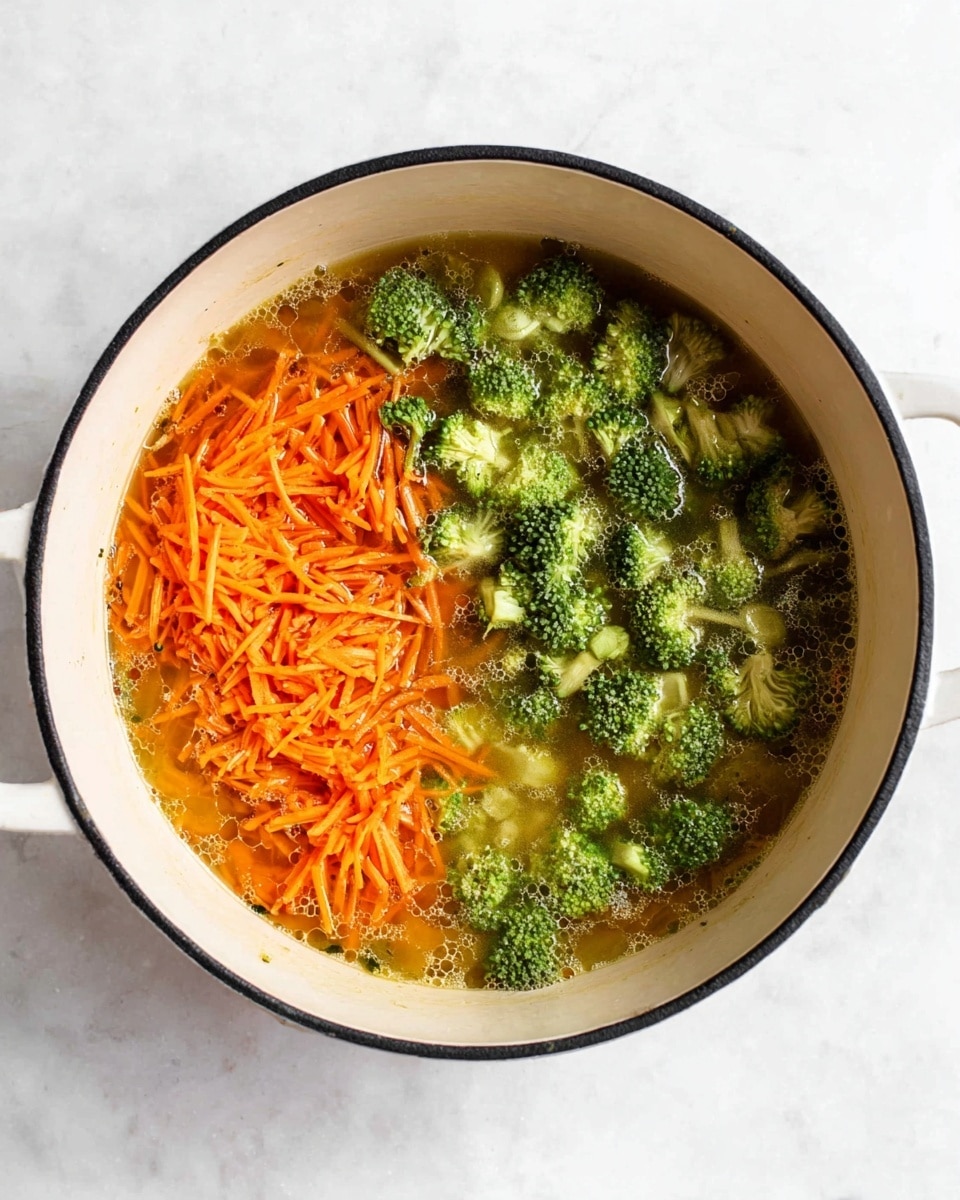 A white pot with black rim is shown from above on a white marbled surface. Inside the pot, there are two distinct layers of vegetables in broth: on the left side, there is a dense pile of bright orange shredded carrots, and on the right side, there are numerous small green broccoli florets floating in a light brownish broth with some bubbles. The vegetables are partially submerged, showing varied textures from soft broth to crisp vegetables. Photo taken with an iphone --ar 4:5 --v 7