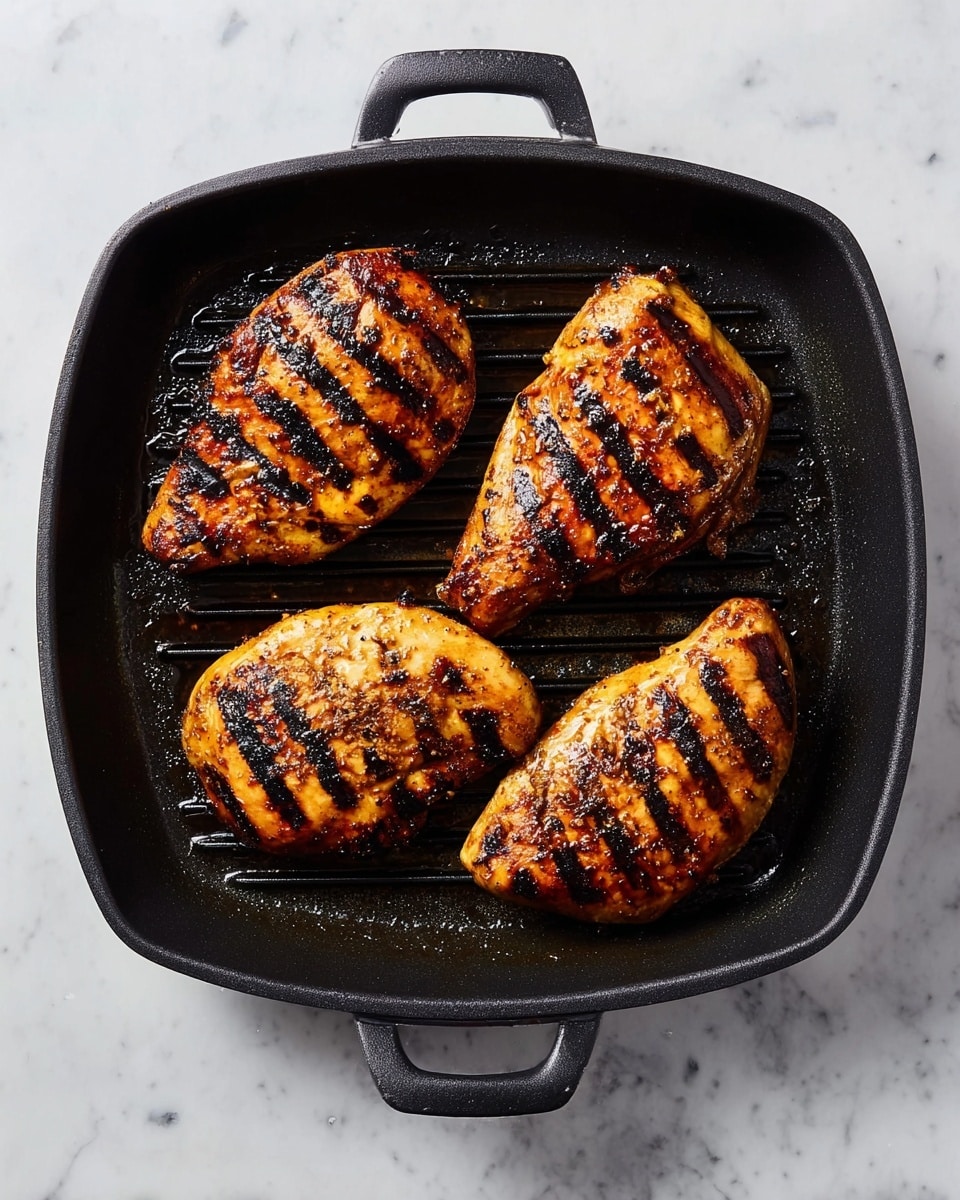 A black square grill pan sits on a white marbled surface, holding four grilled chicken pieces. Each piece is golden brown with dark, distinct grill marks running diagonally, showing a slightly charred texture. The chicken pieces are arranged evenly in the pan, showcasing a crispy and well-cooked outer layer with a glossy finish from the marinade or juices. The pan has handles on opposite sides, and the lighting highlights the textures and colors of the grilled chicken. Photo taken with an iphone --ar 4:5 --v 7