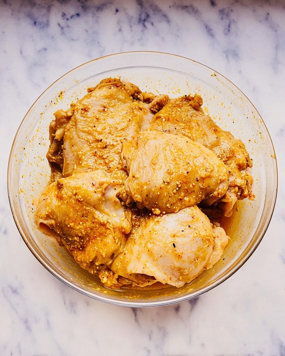 A clear glass bowl holds several large pieces of raw chicken thighs covered in an orange-brown marinade with visible small bits of spices and garlic. The chicken pieces overlap each other, creating a thick layer at the bottom of the bowl, showing a mix of smooth and slightly bumpy skin textures with a shiny, wet look from the marinade. The bowl sits on a white marbled surface, adding a clean and bright contrast to the warm colors of the chicken and sauce. Photo taken with an iphone --ar 4:5 --v 7