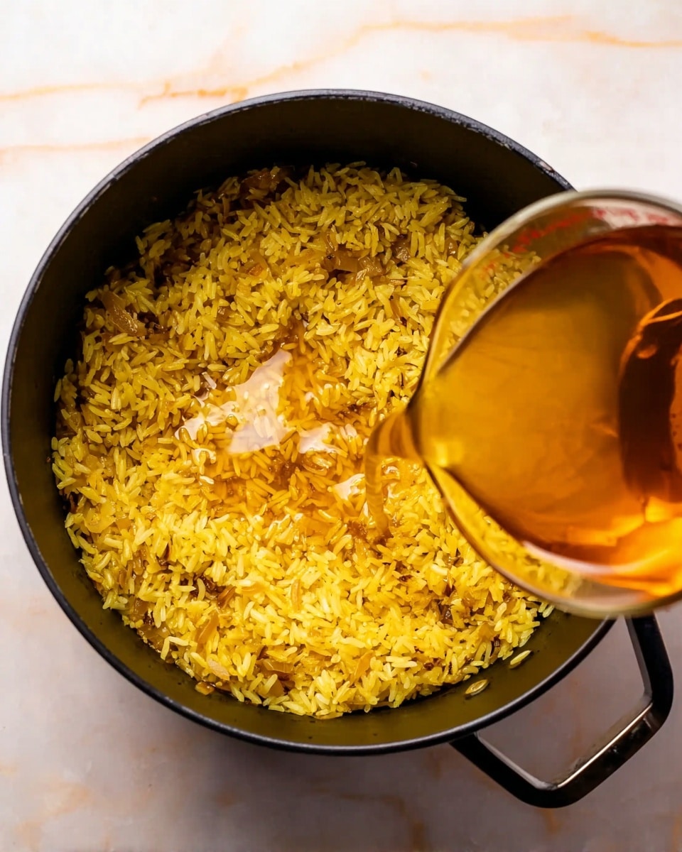A black pot filled with a single layer of yellow rice mixed with small pieces of onions and spices is seen from above. A golden brown liquid broth is being poured into the pot from a clear measuring cup on the right side, creating a shiny wet spot in the middle of the rice. The pot is set on a white marbled surface, and the scene is brightly lit to highlight the texture of the rice grains and broth. photo taken with an iphone --ar 4:5 --v 7