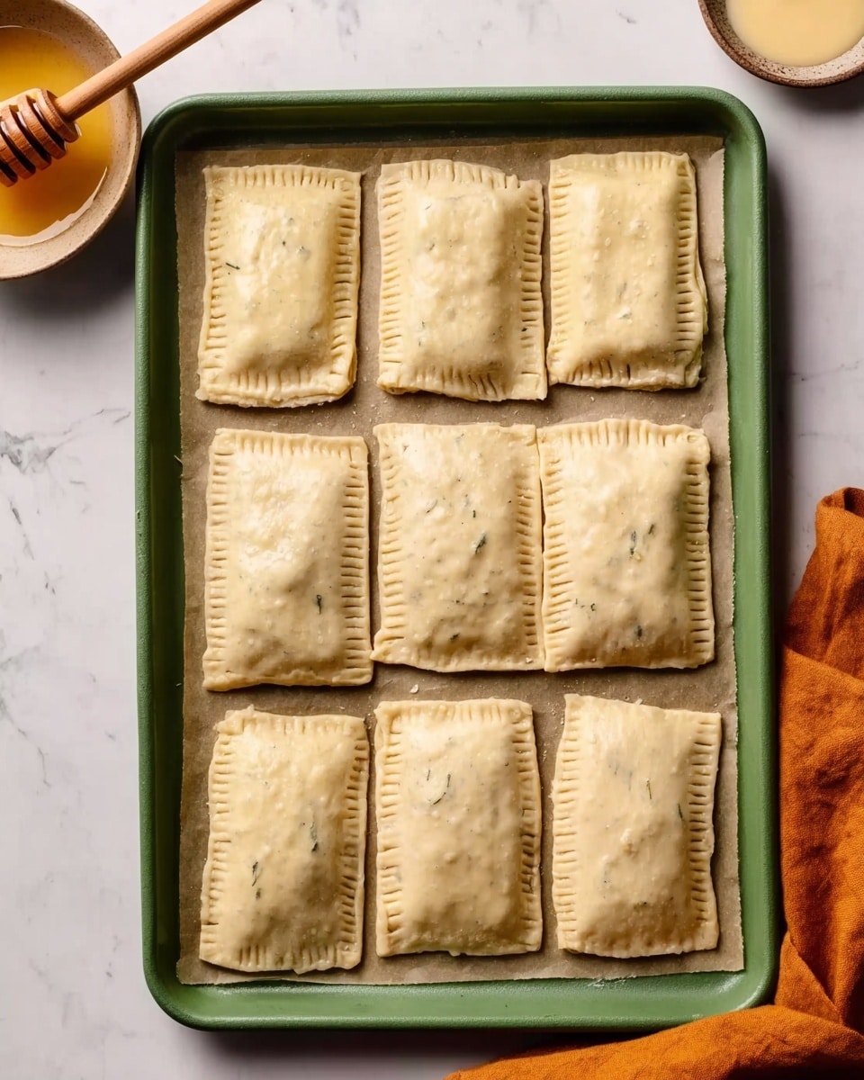 The image shows six rectangular pastry pockets arranged in two rows on a green baking tray lined with parchment paper, placed on a white marbled surface. Each pastry is golden brown with small vents on top, showing a slightly shiny and flaky texture. The edges of the pastries are pinched to seal the filling inside. To the left of the tray, there is a bowl with a wooden honey dipper resting on it, and near the top edge of the image, a small round dish with a light-colored sauce is partially visible. At the bottom right corner, an orange cloth can be seen. photo taken with an iphone --ar 4:5 --v 7