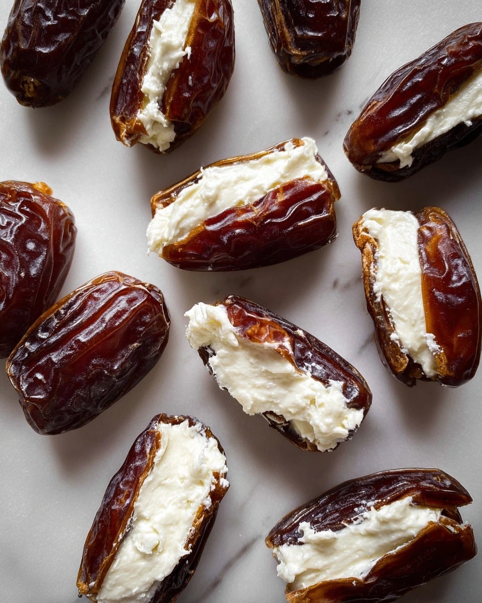 Several split soft dark brown dates are placed randomly on a surface with a white marbled texture. Each date is stuffed with a creamy white filling, which looks smooth and thick. The dates' wrinkled skin contrasts with the soft cream inside, and the arrangement shows the filling spilling out a little on some pieces. The lighting highlights the shiny surface of the dates and the softness of the filling. photo taken with an iphone --ar 4:5 --v 7