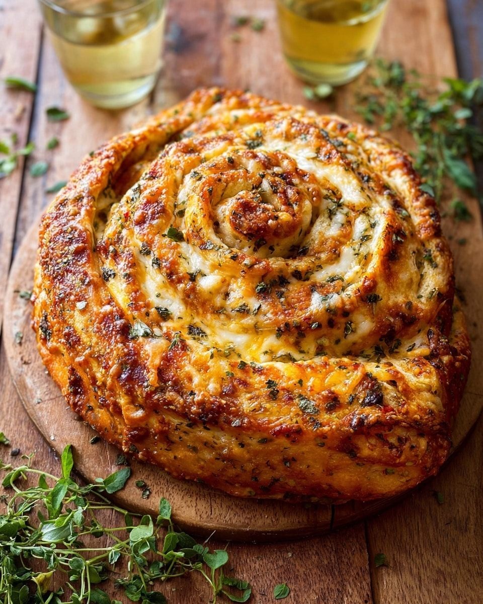 A large round spiral bread with multiple layers of golden brown crust and melted cheese creating a swirled pattern from the center to the edge. The bread is sprinkled with small green herb leaves and black seasoning bits. The surface texture looks crunchy and the cheese shows different shades of yellow and white. The bread sits on a wooden table with some fresh green herbs around it and two glasses with light yellow liquid in the background. Photo taken with an iphone --ar 4:5 --v 7