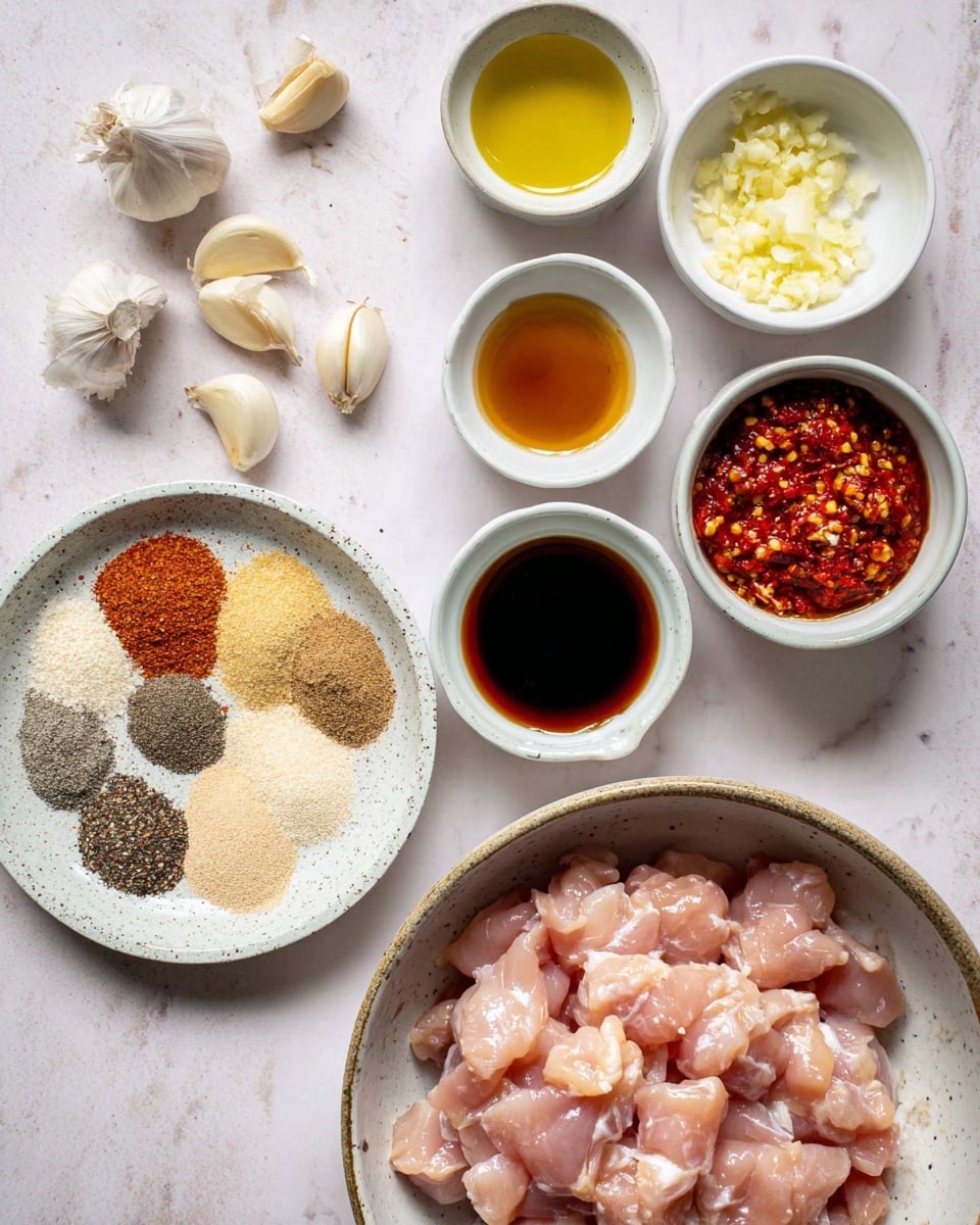 The image shows a white speckled bowl at the bottom filled with raw, chopped pink chicken pieces. Above it, arranged in a vertical line on a white marbled background, are small white bowls holding different ingredients: finely chopped light yellow garlic, bright red chili paste with visible seeds, dark brown soy sauce, light yellow oil, and a honey-brown liquid. On the left side, there is a white speckled shallow dish containing four piles of spices: coarse black pepper and salt mix, pale yellow powder, reddish-brown powder, and a light beige powder. To the top left, several garlic cloves with their papery skins are scattered on the white marbled surface. Photo taken with an iphone --ar 4:5 --v 7