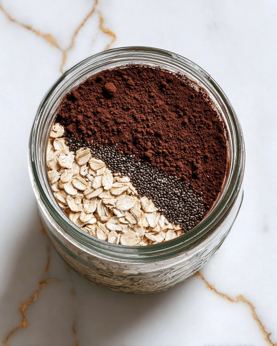 The image shows a clear glass jar placed on a white marbled surface with gold veins. Inside the jar, there are three distinct layers visible. The bottom layer is made of coarse, pale beige rolled oats. Above it, there is a thick, rich dark brown layer of cocoa powder that covers most of the jar's width. On top of the cocoa powder, on one side, there is a small crescent shape of tiny black chia seeds that scatter lightly onto the cocoa powder. The jar is shown from above, giving a clear view of the texture and colors of the layers. photo taken with an iphone --ar 4:5 --v 7