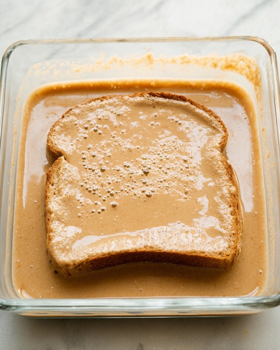 A single thick slice of bread is soaking in a light brown creamy liquid inside a clear glass square baking dish. The bread is fully covered with the liquid and has a smooth, slightly frothy texture on top, giving it a glossy look. The clear glass dish shows the liquid’s light brown color with a few bubbles around the edges. The background is a white marbled surface. photo taken with an iphone --ar 4:5 --v 7