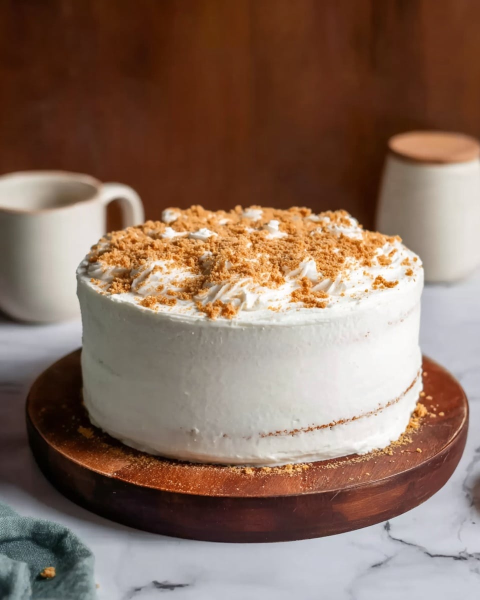 A two-layer carrot cake slice is shown on a white plate, each layer is golden brown with a soft, moist texture. Between the layers is a creamy off-white frosting, which also covers the top of the slice in a thick, slightly uneven layer. The top frosting is sprinkled with small, light brown crumbs. In the background, there is another slice of the same cake on a white plate and the rest of the cake on a wooden board. The surface is a warm wooden table with a white marbled texture in the background. photo taken with an iphone --ar 4:5 --v 7