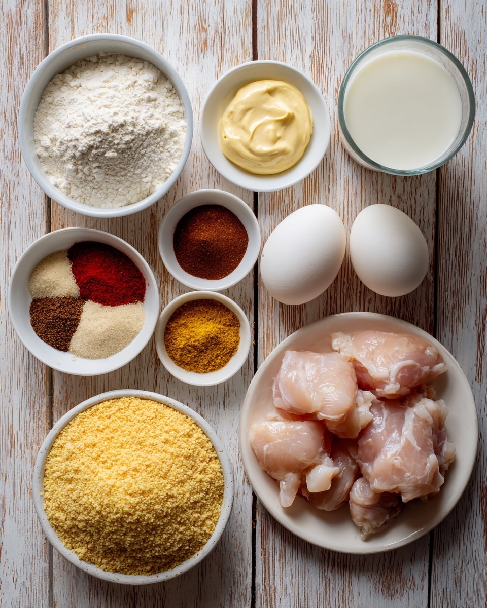 The image shows a top view of several white bowls and eggs placed on a brown wooden surface with a white marbled texture. At the bottom right, there is a white plate filled with light pink chunks of raw chicken. Above it, two whole white eggs rest directly on the surface. To the left of the eggs, a small white bowl contains white flour with a powdery texture. Above the flour bowl, a tiny white bowl holds a creamy yellow dollop of Dijon mustard. To the left of the mustard, a white bowl is divided into four sections filled with four different spices: dark red, beige, light yellow, and dark brown powders. At the bottom left, a large white bowl is filled with coarse yellow panko breadcrumbs. A glass container with white milk is placed at the top right side. Each element is neatly arranged, clearly showing the ingredients for cooking photo taken with an iphone --ar 4:5 --v 7
