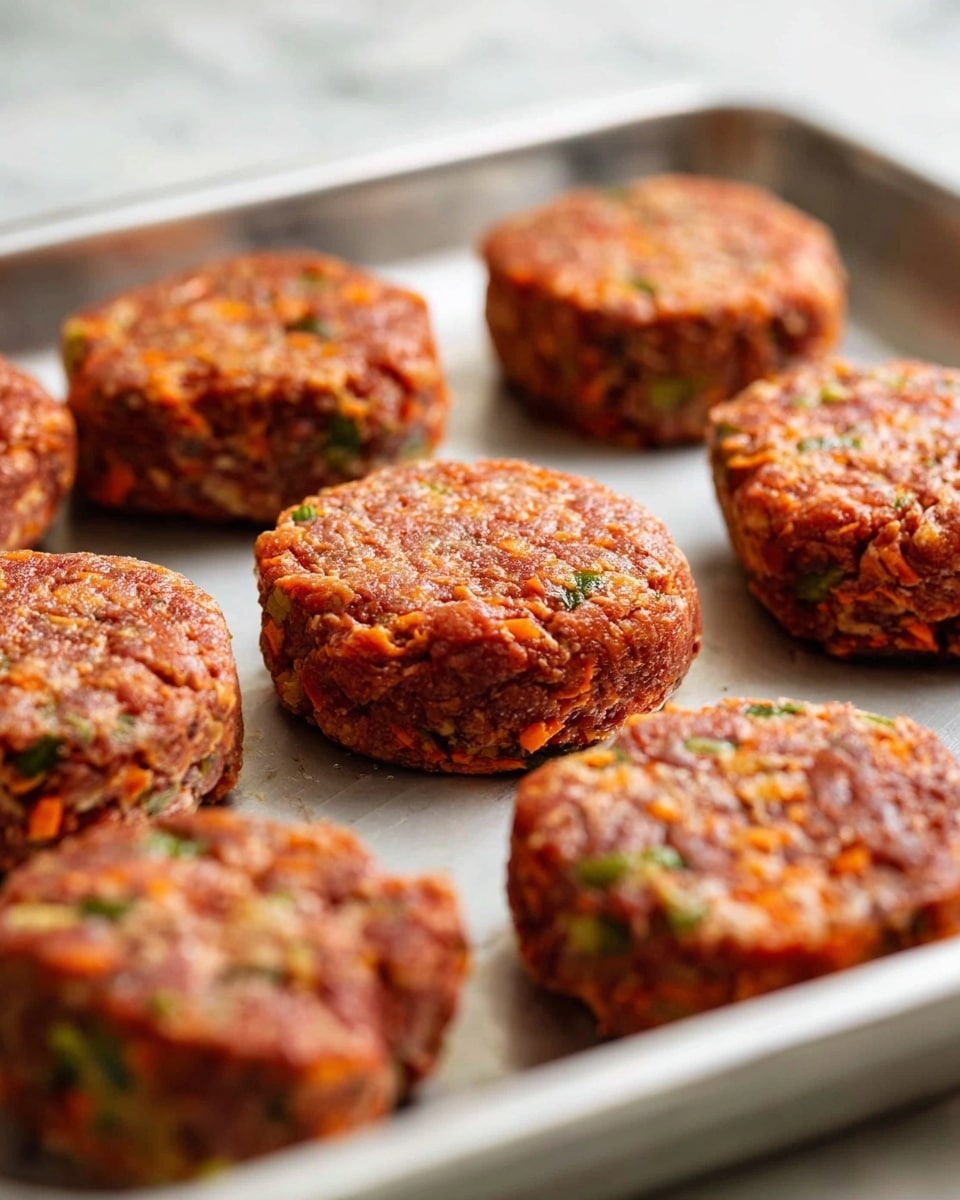 The image shows a close-up of several raw meat patties on a silver baking tray, arranged in rows. Each patty is round and thick with a small hollow shaped in the center. The patties have a mix of reddish-brown meat with orange and green bits, likely chopped vegetables, embedded in them, giving a textured and colorful look. The tray is placed on a white marbled surface, creating a clean background. Photo taken with an iphone --ar 4:5 --v 7