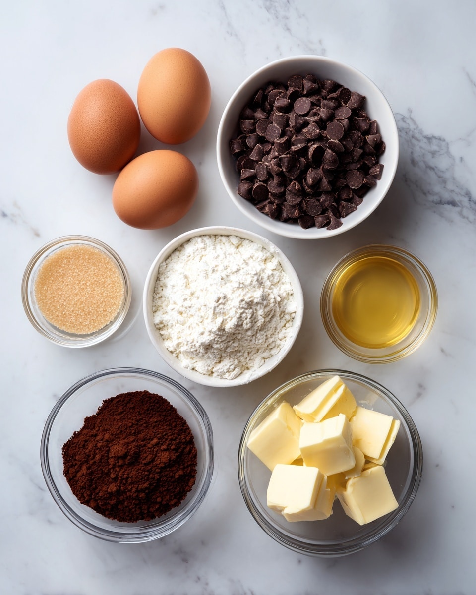 The image shows ingredients for baking arranged neatly on a white marbled surface. There are three brown eggs placed together in the top left corner. Below and slightly to the right is a small white bowl filled with dark brown chocolate chips. To the left of that bowl is a small clear bowl holding white flour. Above the flour and chocolate chips bowls is another small clear bowl filled with brown sugar. Towards the bottom right is a small clear bowl with light yellow butter cut into cubes. At the top right of the image, there is a small clear bowl holding golden vanilla liquid, next to it are two small black labels marked “vanilla” and “salt.” Below these is a small dark brown bowl filled with cocoa powder with the label “cocoa powder” next to it. The whole setting is on a smooth white marble texture background. Photo taken with an iphone --ar 4:5 --v 7