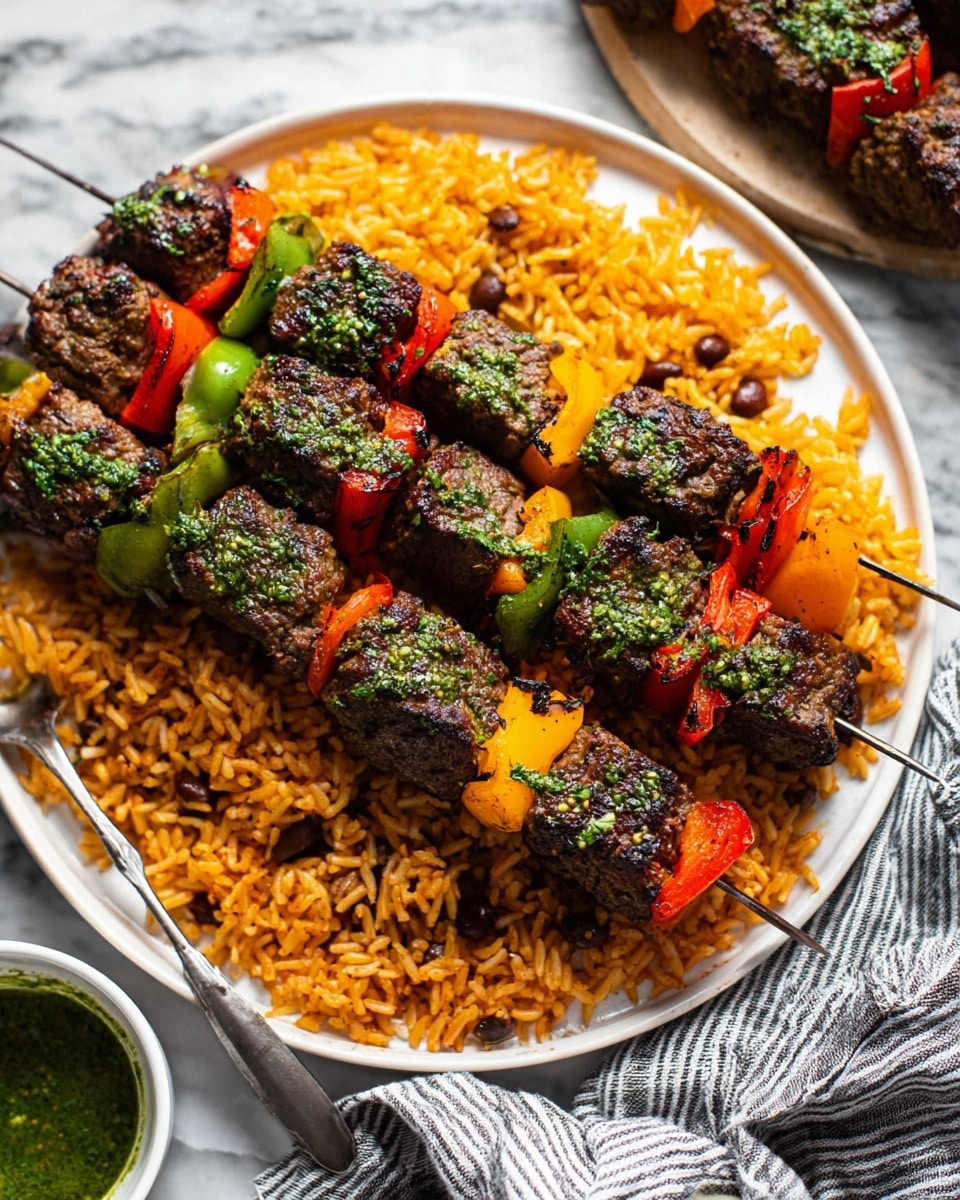Two skewers with four layers each of grilled meat cubes and colorful bell pepper pieces (green, yellow, red) sit on a white plate filled mostly with orange-colored rice mixed with small beans. The grilled meat is dark brown with a sprinkle of green herbs, while the bell peppers add bright contrast. The rice looks fluffy and is spread around the skewers. The plate is placed on a white marbled surface with a grey and white striped cloth nearby. A small bowl of green sauce with a silver spoon is partially visible at the bottom left corner. Photo taken with an iphone --ar 4:5 --v 7
