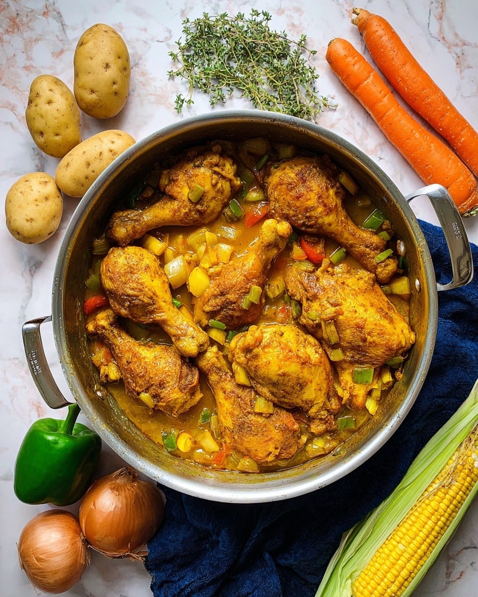 A large silver pot filled with cooked chicken pieces layered with diced onions and green bell peppers in a thick yellow-brown sauce, the chicken drumsticks and thighs arranged to cover the bottom of the pot evenly. Around the pot, there are three whole light brown potatoes on the top left, a few green fresh herb sprigs above the pot, three bright orange carrots to the right, a whole yellow onion with its brown skin at the bottom left, a green bell pepper next to the onion, and an ear of yellow corn partially husked resting on a dark blue cloth at the bottom right, all placed on a white marbled surface photo taken with an iphone --ar 4:5 --v 7