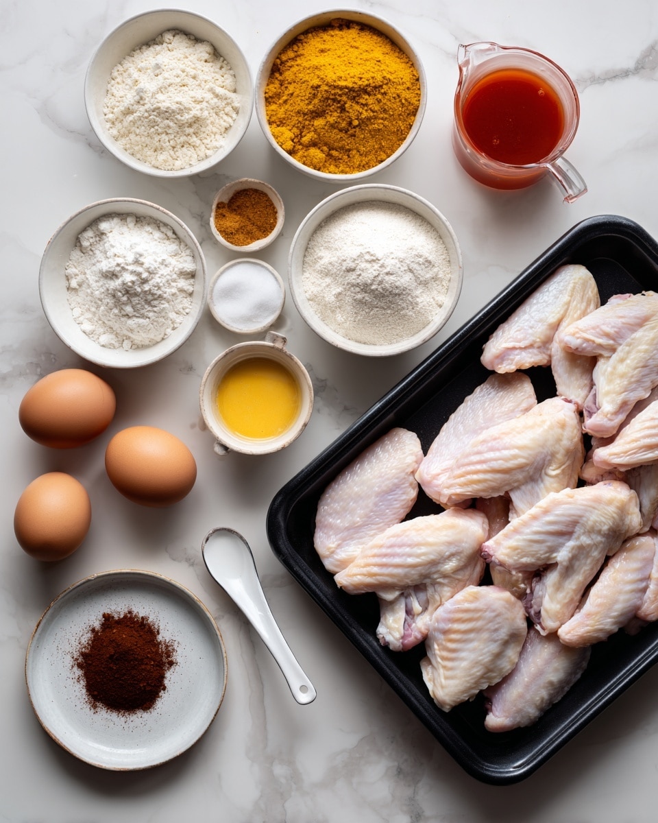 The image shows a black tray filled with many raw chicken wings, pale pink with smooth skin, placed on the right side of the frame. To the left, there are several small white bowls and plates arranged neatly on a white marbled surface; these contain different powders and spices including a large bowl of white flour, a smaller bowl of yellow curry powder, a bowl of white powdered sugar, and a bowl of brown spice. There is a bright yellow plastic package with red and black text that reads