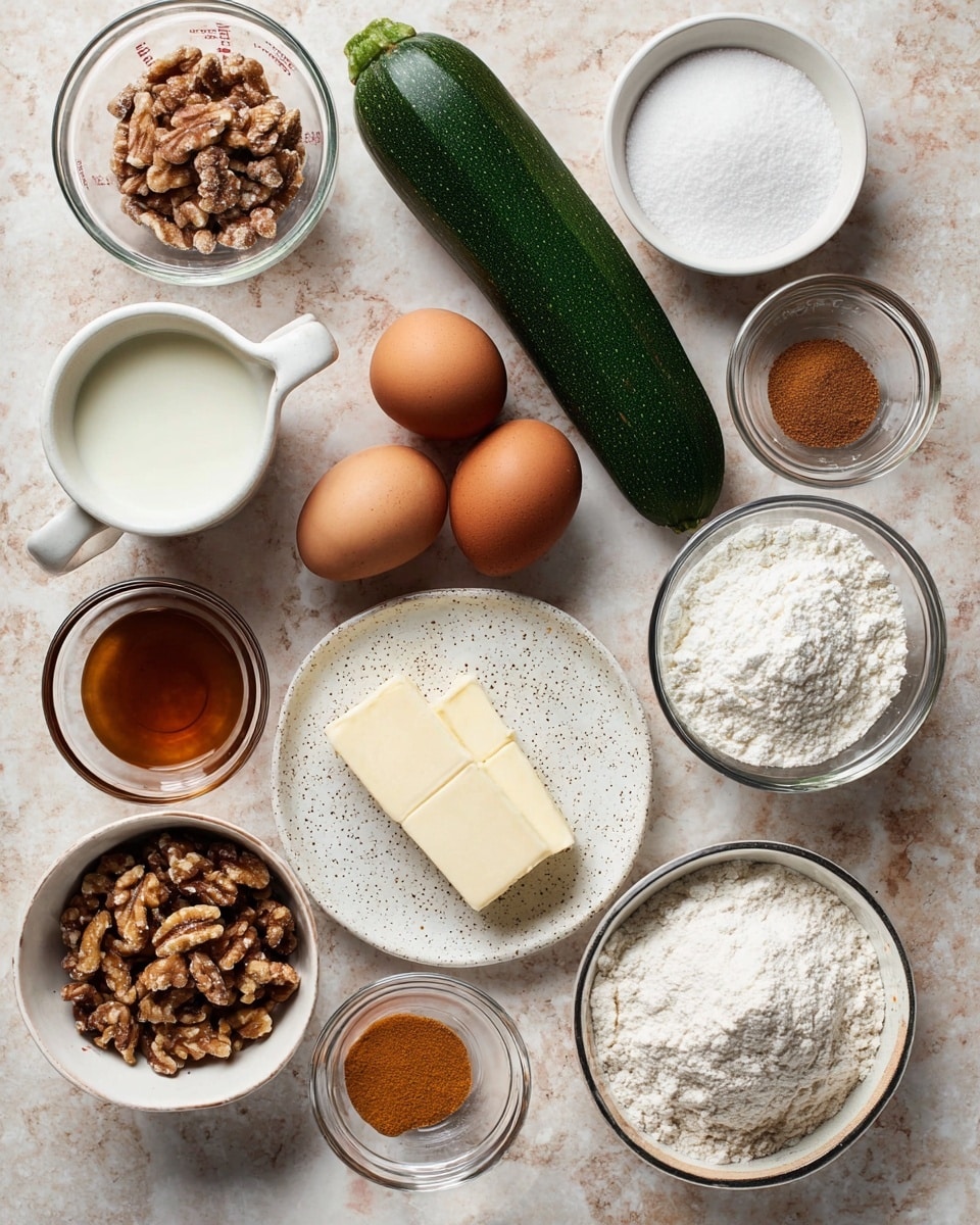 The image shows an overhead view of various baking ingredients arranged neatly on a white marbled surface. In the center is a whole dark green zucchini. Surrounding it are small white bowls and clear measuring cups filled with different items: a large cup of white powdered sugar, two brown eggs on a white plate with speckled edges, a small bowl of chopped walnuts, two small bowls of amber-colored liquid, a white plate holding a piece of butter and cream cheese side by side, a measuring cup with milk, a bowl of white flour, a bowl with several brown dry spices, and a small plate with three different powdered spices in white, orange, and light brown. The colors and textures contrast softly with the clean white marbled surface below. photo taken with an iphone --ar 4:5 --v 7