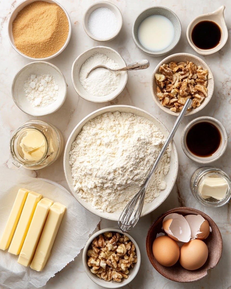 The image shows several bowls and plates arranged on a white marbled surface, each containing different baking ingredients. In the center, there is a large white bowl filled with flour and a small whisk inside. To its left, there's a white bowl with light brown sugar and another small white bowl with a white powdery ingredient. Above the flour bowl, there are small bowls holding white powder, a dark liquid, and white sugar with a silver spoon resting inside the bowl. To the lower right of the flour bowl, there are two eggs in a brown bowl, and next to it, broken eggshells and a block of butter on wax paper. On the left side, there is a white plate with rectangular slices of white chocolate, and below it, a small white bowl filled with chopped nuts. A jar containing a brown substance is placed partially out of frame on the bottom left. The overall color palette is soft whites, browns, and yellows. photo taken with an iphone --ar 4:5 --v 7