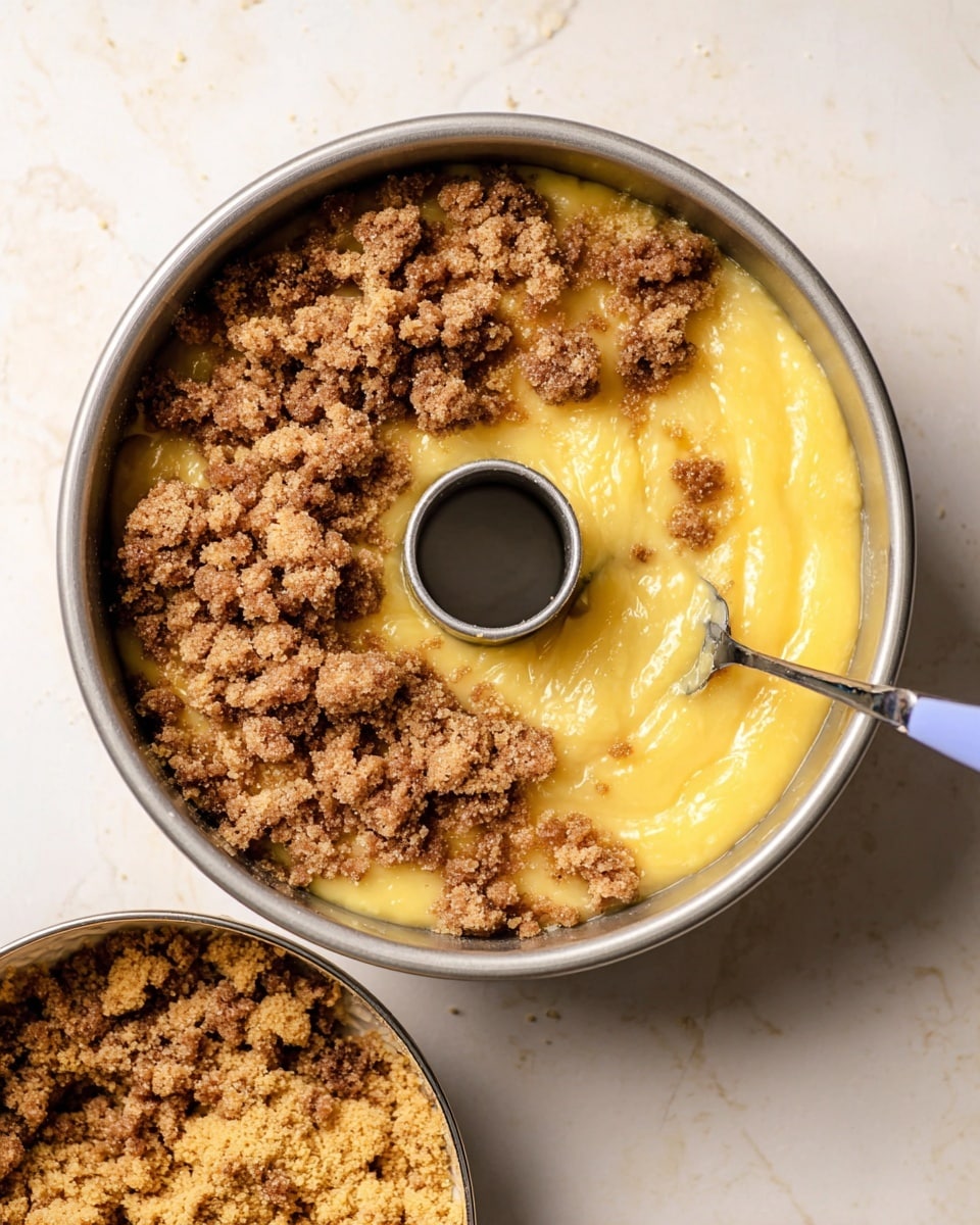 A silver round bundt pan is filled with a thick, yellow cake batter that has a smooth, glossy texture. On top of the batter, there are crumbled brown streusel pieces scattered unevenly, covering about half of the surface. A silver spoon with a blue handle is placing more streusel on the right side of the pan. Below the bundt pan, there is a matching silver bowl filled with more crumbly streusel mix. The setup is placed on a white marbled texture surface. Photo taken with an iphone --ar 4:5 --v 7
