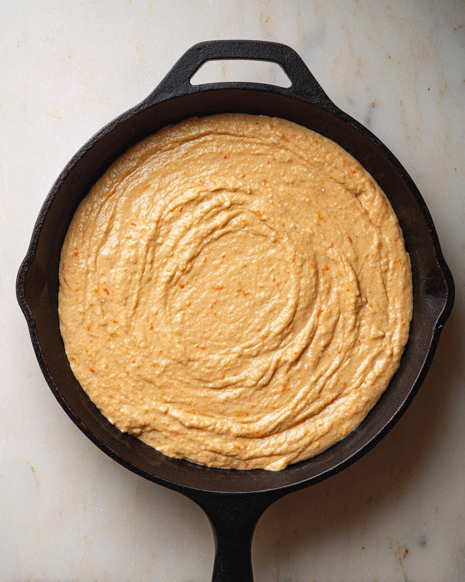 The image shows a single black cast iron pan filled with a smooth, thick batter that has a light brown color with visible small orange flecks mixed evenly throughout. The batter has a slightly textured surface with gentle swirls and ridges, covering the entire inside of the pan. The pan rests on a white marbled surface, and no other items are visible in the frame. The lighting is even and soft, highlighting the texture of the batter. photo taken with an iphone --ar 4:5 --v 7