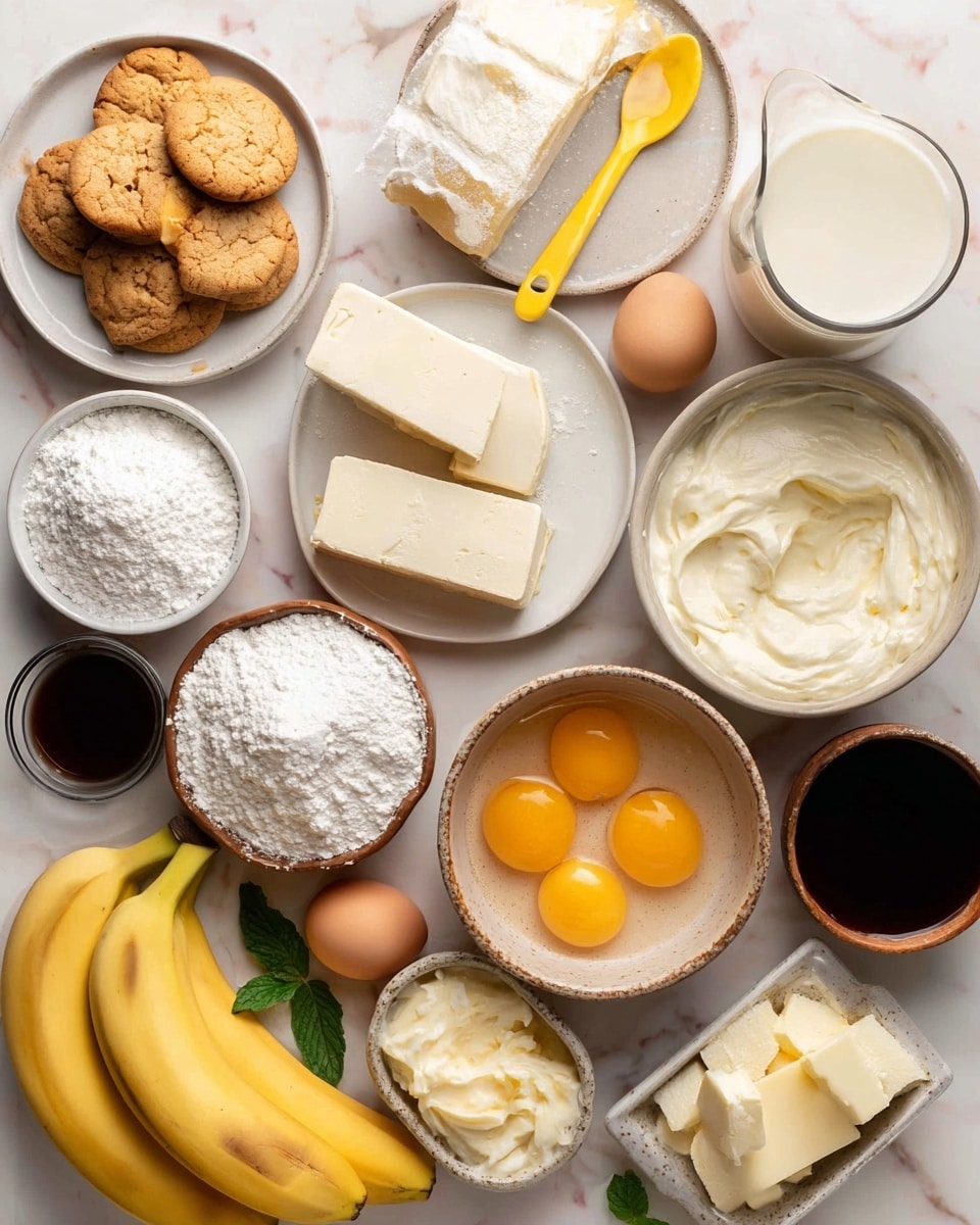 The image shows many ingredients for baking arranged neatly on a white marbled surface. There are two fresh yellow bananas at the bottom, next to a cluster of light brown round cookies in a white bowl. To the right of the bananas is a small white bowl filled with thick white cream with a yellow-handled spoon in it. Above that is a small white plate containing soft cream cheese in two rectangular blocks. Next to it is a white bowl with white powdery sugar and a spoon. In the center, a rustic beige bowl contains six bright yellow egg yolks, surrounded by cracked eggshells and a whole egg. Nearby, a small white bowl holds dark vanilla extract, and another small white bowl has a clear liquid. A larger white jug full of milk stands on the right, with a glass of beige liquid beside it. There is also a brown bowl of cubed butter and another bowl with white starch and a spoon. Thin slices of banana and a couple of mint leaves are scattered for decoration. Photo taken with an iphone --ar 4:5 --v 7