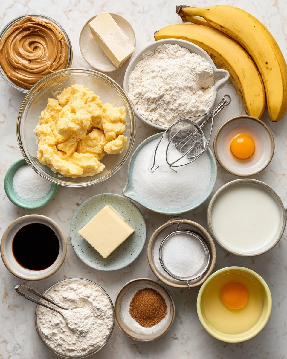 The image shows a top-down view of various ingredients arranged on a white marbled surface. There are twelve bowls and cups, each holding different items: a bowl with a smooth, creamy light brown peanut butter, a glass bowl with mashed yellow bananas and a spoon inside, a white bowl filled with loose white flour with a whisk resting on it, a bowl with powdery white sugar being sifted with a small metal strainer on top, a bowl of fine white powder, a small dish with a chunk of pale yellow butter, a small bowl with dark liquid vanilla extract, a small dish with white salt, a yellow bowl holding a raw egg yolk, a bowl with brown sugar, a small glass jug of milk, and a cup with a clear yellow liquid. Two ripe bananas lie at the top right of the setup. The overall color palette includes creamy, brown, white, and yellow tones, with a clean and bright look. photo taken with an iphone --ar 4:5 --v 7