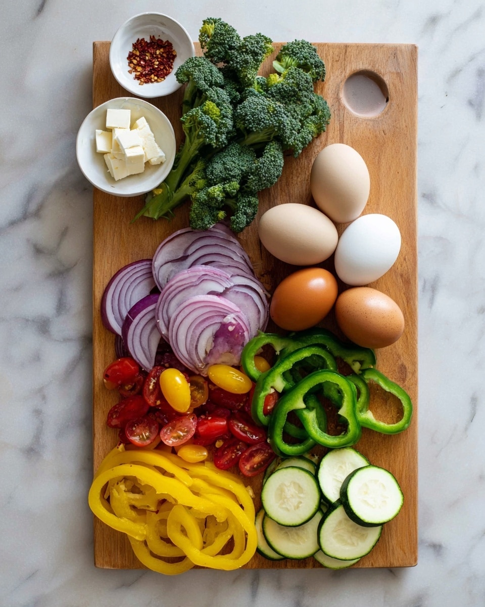 A wooden cutting board on a white marbled surface holds a colorful, fresh vegetable and egg arrangement. At the top right, five eggs in different shades of brown, white, and light blue rest next to bright green bell pepper rings layered beside them. Below the peppers are small red and yellow cherry tomatoes, halved. To the bottom right are slices of zucchini, dark green on the edges with pale green centers. On the left side of the board, yellow bell pepper rings lay above thin purple onion rings. At the top left, fresh broccoli stalks with textured florets fill the space. Three small white bowls sit to the upper left of the board on the white marbled surface; one bowl has white cheese cubes, another contains red chili flakes, and the third has a light pink salt. The overall look is fresh, colorful, and neatly arranged photo taken with an iphone --ar 4:5 --v 7