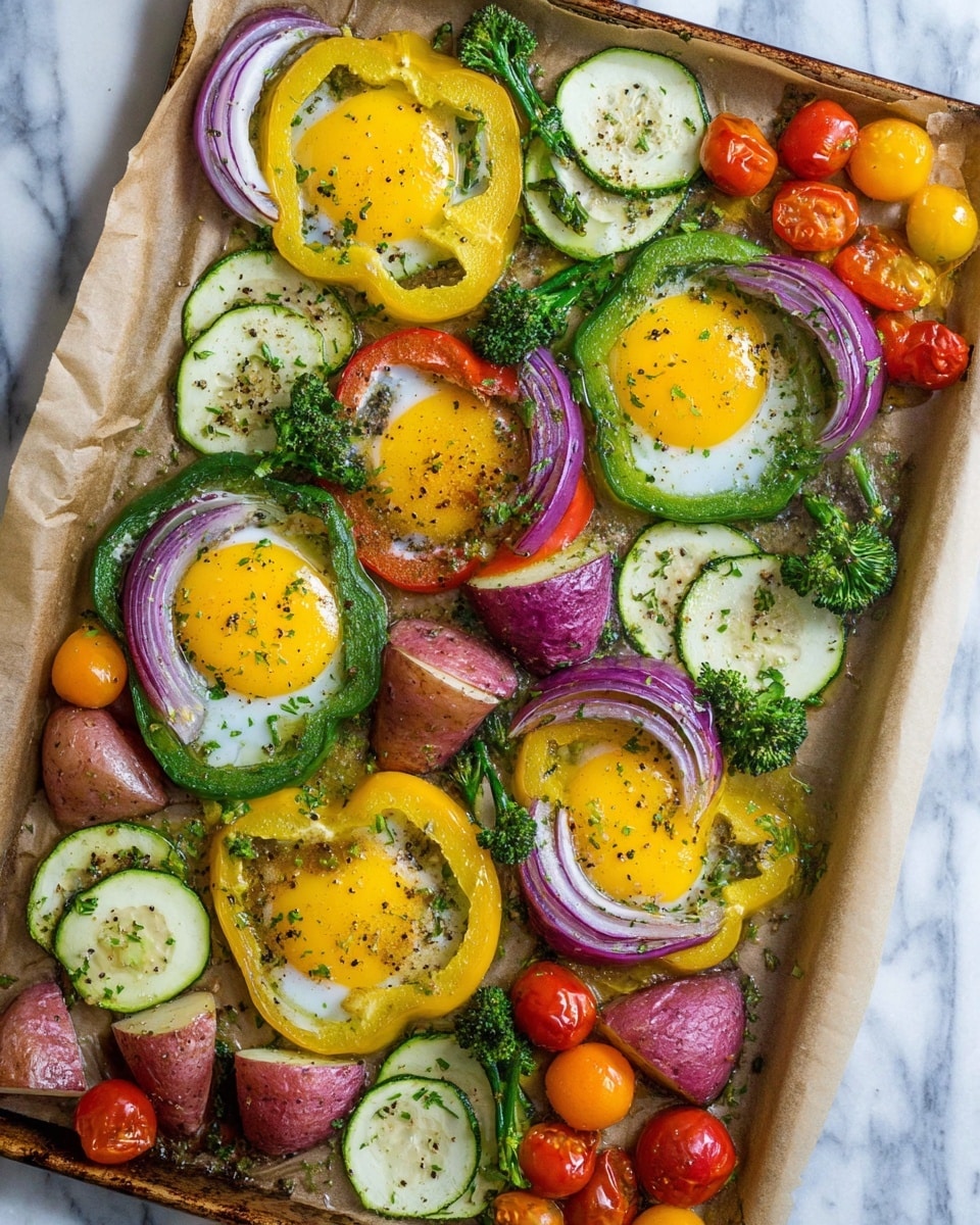 The dish shows a baking tray lined with light brown parchment paper filled with a colorful mix of vegetables and eggs. There are four sunny yellow eggs placed inside green bell pepper rings, each ring layered on top of red onion rings and yellow bell pepper slices. Around them, there are round slices of pale green zucchini scattered, along with small green broccolini stems. Red-purple wedges of potato and halved red and yellow cherry tomatoes add more color on the tray. The whole mix is sprinkled with black pepper and small bits of green herbs. The picture is taken on a white marbled surface. Photo taken with an iphone --ar 4:5 --v 7