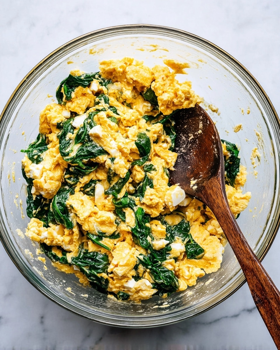 A clear glass bowl filled with a mixture showing roughly three layers: the base is fluffy, yellow scrambled eggs with a soft, slightly creamy texture; the middle layer is vibrant dark green spinach leaves, wilted but still whole, adding contrast in both color and texture; scattered throughout are small white chunks that look like soft cheese or curd, creating a speckled effect. A dark wooden spoon rests inside the bowl on the right side, with its handle extending outwards. The bowl is placed on a white marbled surface. Photo taken with an iphone --ar 4:5 --v 7
