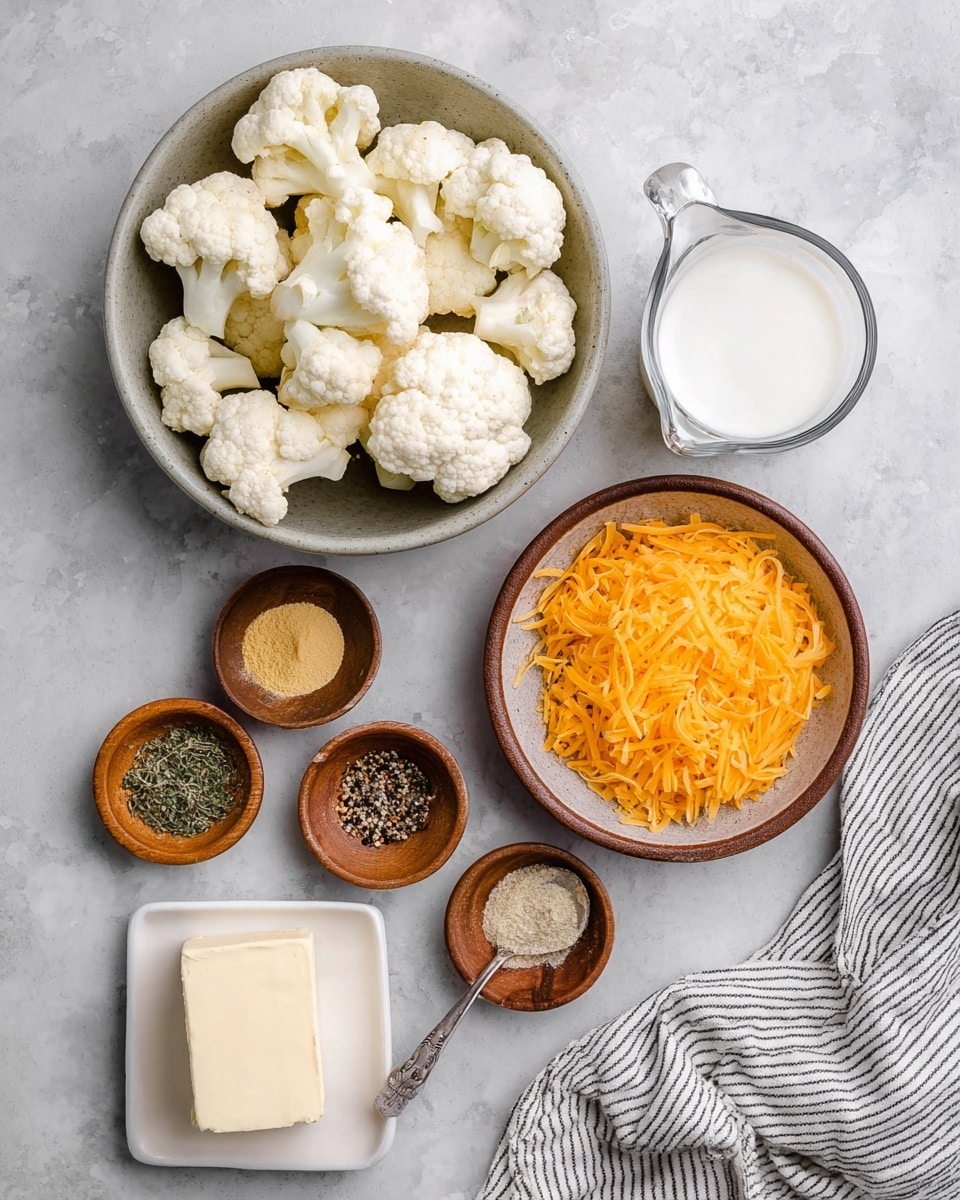 A top view shows several ingredients on a white marbled surface. A large bowl at the top left holds white cauliflower florets. To the right, a clear glass cup is filled with white milk. Below the milk, a small brown bowl is fully filled with bright orange shredded cheese. At the bottom left, a small white dish contains a block of white cream cheese. Around the bowls are four small brown wooden dishes with spices: one has a green herb, one contains light yellow powder, another has a mix of black and brown pepper with a spoon, and the last has a pale brown granular seasoning. A white and black striped cloth is seen at the bottom right. Photo taken with an iphone --ar 4:5 --v 7
