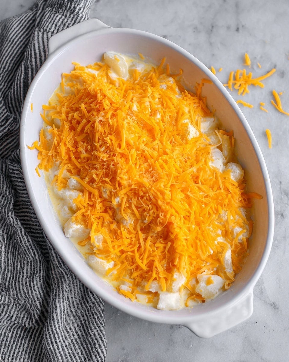 A white oval ceramic dish filled with three layers visible: the bottom layer is small white potato pieces, the middle layer is creamy white sauce covering the potatoes evenly with a smooth texture, and the top layer is a generous amount of bright orange shredded cheddar cheese spread thickly over the sauce. The dish is sitting on a white marbled surface with a black and white striped kitchen towel partially visible on the left side. Some small pieces of shredded cheese are scattered lightly around the dish. Photo taken with an iphone --ar 4:5 --v 7