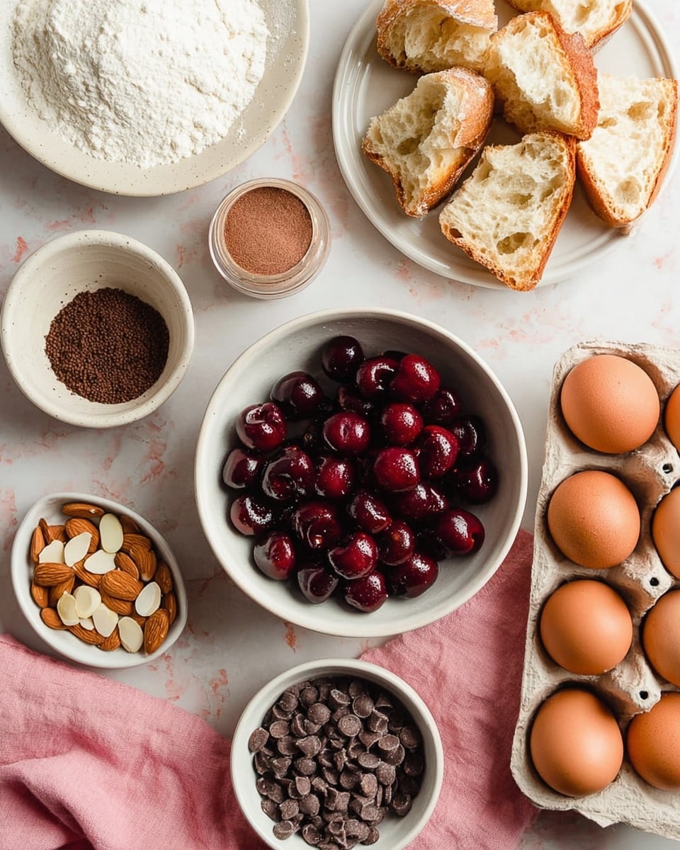 A top view of several white bowls and a white plate arranged on a white marbled surface. At the top, a white plate holds torn pieces of light brown bread with fluffy white insides. Below, in the center, a white bowl is filled with dark red, pitted cherries. To the left of the cherries, a smaller white bowl contains brown sugar. To the right, a white bowl holds small dark brown chocolate chips. At the bottom left, a white bowl contains slivered almonds, and next to it on the right, a cardboard tray holds six brown eggs. A glass container of milk with a white lid is partially visible on the bottom left, and a pink cloth is on the right side of the image. Photo taken with an iphone --ar 4:5 --v 7