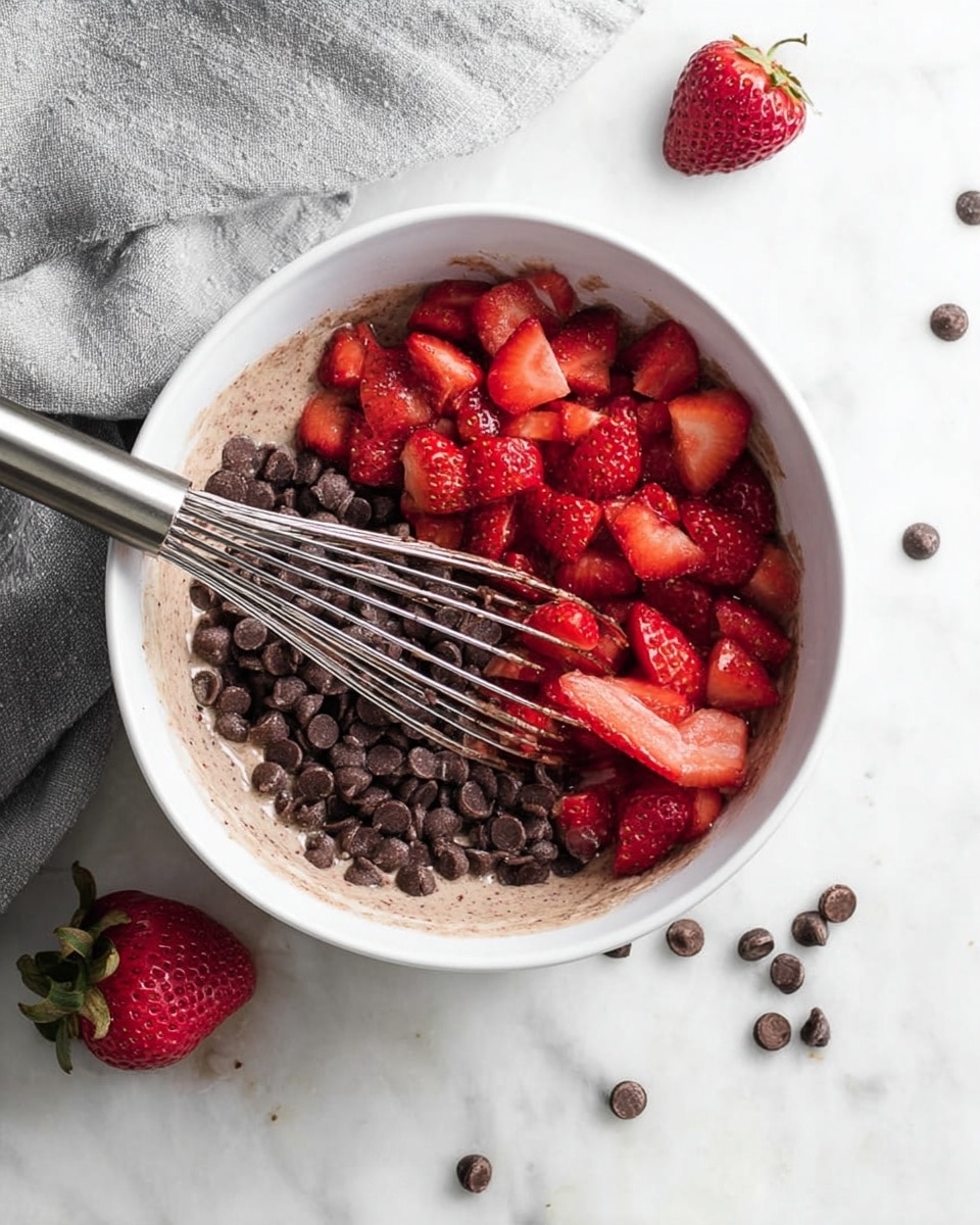 A white bowl on a white marbled surface holds a mix of light brown batter at the bottom, topped with two main layers: one side covered with small dark brown chocolate chips and the other side filled with fresh, bright red chopped strawberries. A metal whisk is resting diagonally inside the bowl, partially submerged in the mixture. Around the bowl, scattered chocolate chips and chopped strawberries add a casual feel, with a whole red strawberry visible near the bottom edge and a soft grey cloth at the top. photo taken with an iphone --ar 4:5 --v 7