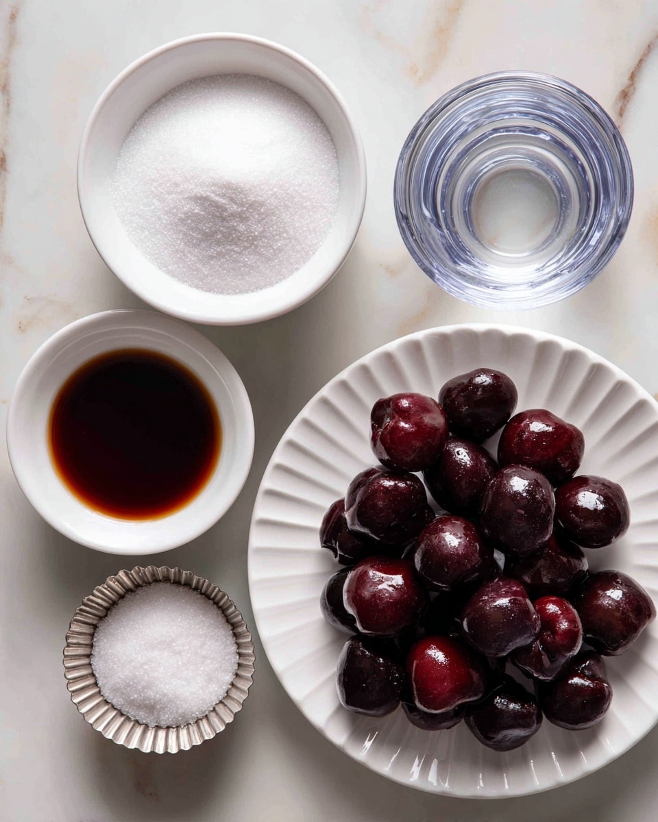 The image shows five ingredients arranged on a white marbled surface: a white bowl filled with fine white sugar placed on a white round plate with ridged edges, a small white bowl containing dark brown vanilla extract, a small silver fluted container with coarse white sea salt, a clear glass bowl filled with dark red pitted and halved cherries, and a clear glass cup holding water. Each ingredient is labeled with purple text boxes above or beside them. The colors focus on white, dark red, dark brown, and clear glass textures. photo taken with an iphone --ar 4:5 --v 7