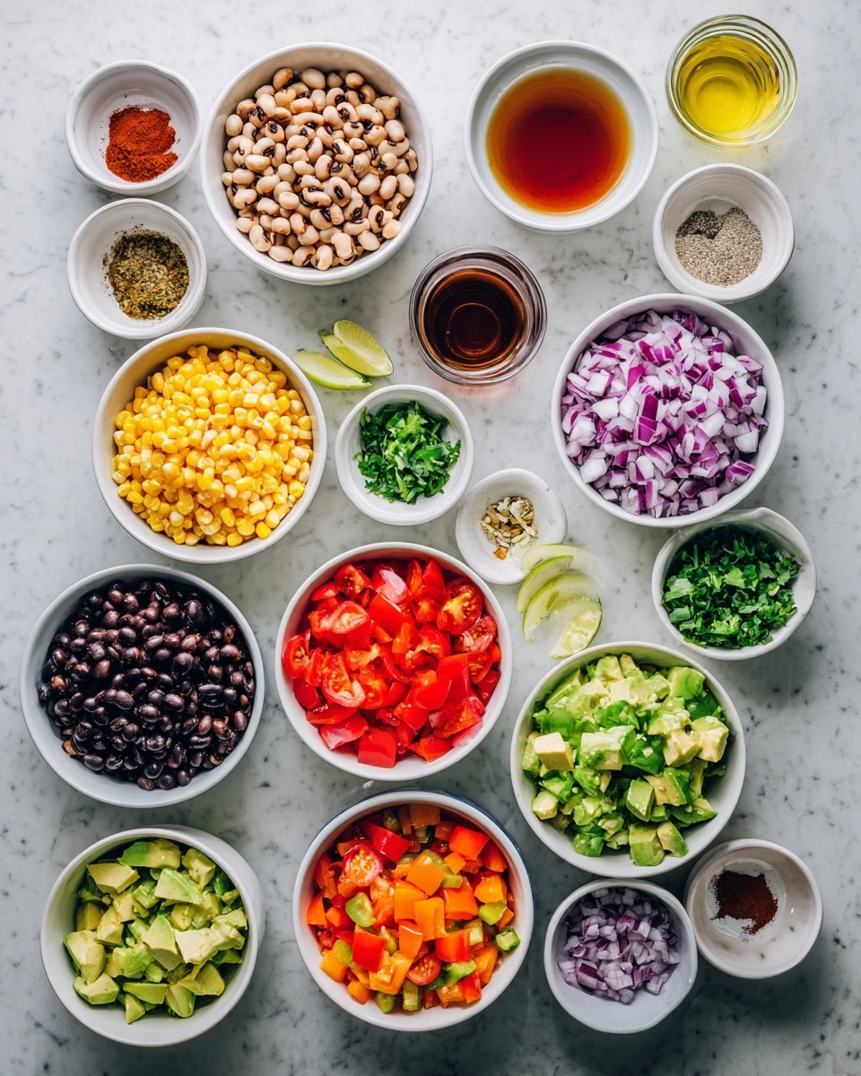 A top-down view of multiple small white bowls arranged on a white marbled surface, each filled with colorful ingredients: black-eyed peas in light beige with dark spots, bright yellow corn kernels, black beans with a shiny dark coating, diced orange bell pepper in small chunks, vibrant red bell pepper pieces, fresh green diced avocado, bright red cherry tomato quarters, finely chopped purple and white red onion, finely chopped green jalapeño pepper, chopped green cilantro, and small piles of sea salt, ground cumin, smoked paprika, and black pepper. There are also three white bowls with liquids: golden olive oil, dark red wine vinegar, and amber maple syrup, plus a small glass dish with pale yellow lime juice. Each bowl is neatly arranged to show texture and color differences photo taken with an iphone --ar 4:5 --v 7