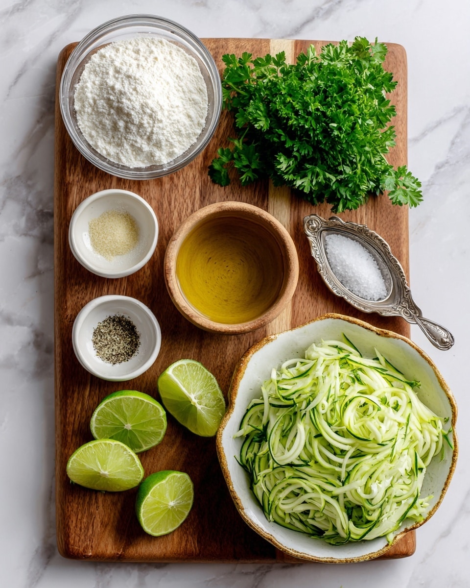 A wooden cutting board rests on a white marbled surface, holding fresh green parsley leaves clustered on the left and several bright green lime wedges arranged in the center bottom. Next to the lime wedges is a small light brown bowl filled with golden oil labeled as coconut oil or olive oil. To the left of the board is a glass bowl filled with white coconut flour. Nearby on the white marbled background are three small white bowls, the top one holding pale yellow garlic powder, the middle one containing white sea salt, and the bottom one with coarse black pepper in a silver scalloped dish. On the right side of the image, a white bowl with a gold rim is filled with shredded zucchini, showing white and green stripy layers. At the bottom, another white bowl contains a beige liquid labeled flax eggs. Photo taken with an iphone --ar 4:5 --v 7