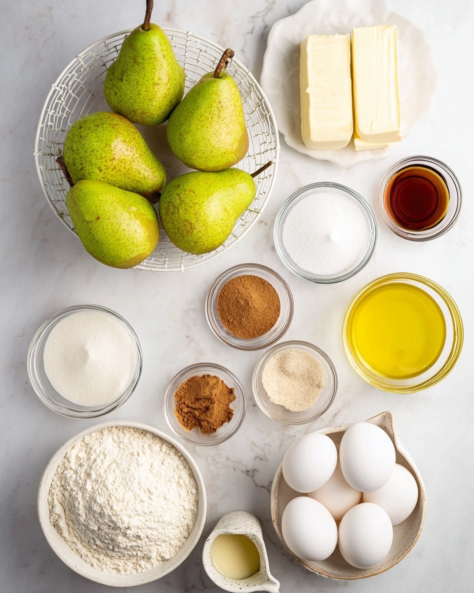 The image shows a top-down view of various baking ingredients arranged neatly on a white marbled surface. On the top left, there is a white wire basket holding five fresh green pears with slight brown spots. To the right of the basket, sticks of butter are placed next to a small glass bowl filled with a dark brown liquid. Below these, in clear glass bowls, are white granulated sugar, light brown sugar, and a small bowl of white powder. A small bowl of cinnamon powder and another of salt are also positioned on the right side. At the bottom right, a white bowl contains five whole white eggs. A measuring cup filled with yellow oil and a speckled white jug with cream are placed near the center. Finally, a large bowl of white flour is located near the bottom center of the image. photo taken with an iphone --ar 4:5 --v 7