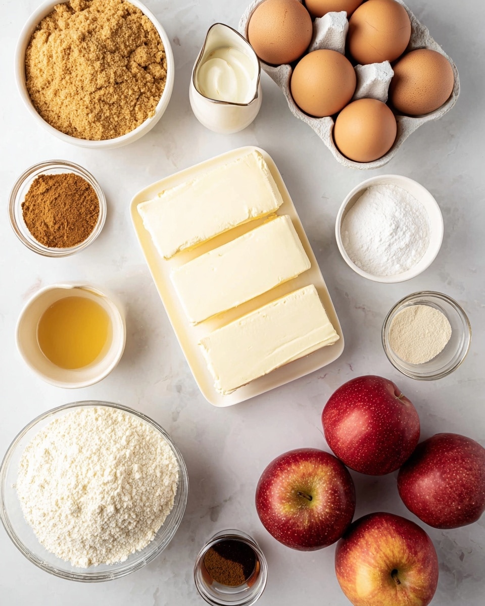 The image shows several baking ingredients arranged neatly on a white marbled surface. In the center, there is a white rectangular dish holding three thick blocks of creamy white cream cheese. Around it are small white bowls and glass containers filled with golden brown crushed graham crackers, light brown sugar, white granulated sugar, white flour, and white salt. To the upper right is a white egg holder with three brown eggs. At the bottom right are four red apples with smooth skin. Also visible is a small glass bowl with golden liquid, another small white container with a dark liquid, a small bowl with light brown cinnamon powder, and a white jug with cream and black specks on it. photo taken with an iphone --ar 4:5 --v 7