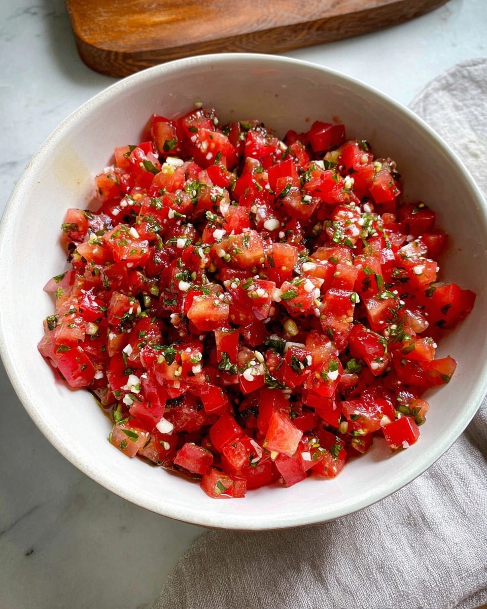 A white bowl filled with a fresh mix of small cubed red tomatoes and sprinkled chopped green herbs, showing a moist texture with tiny bits of white garlic scattered throughout. The bowl is set on a white marbled surface with a light gray cloth folded to the side and a wooden cutting board slightly visible in the background. The mix has a vibrant red and green color contrast, with the red tomato pieces making up most of the dish and the herbs adding specks of green scattered evenly. photo taken with an iphone --ar 4:5 --v 7