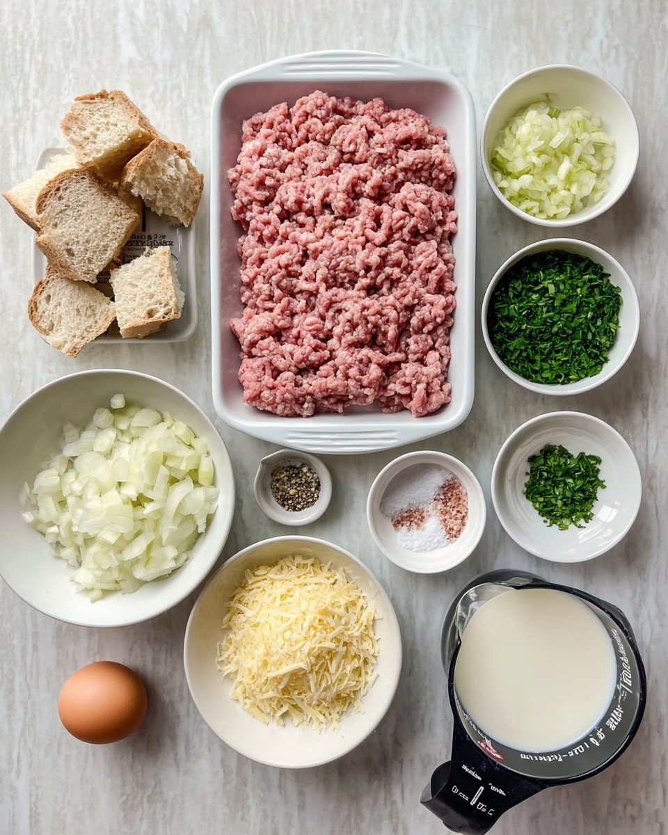 A white tray filled with pink ground meat sits in the center on a white marbled surface, surrounded by seven small white bowls. One bowl holds torn pieces of light brown bread, another has chopped white onions, and another is filled with minced pale yellow garlic. There are two bowls of chopped green herbs with different shades of green. A small dish contains pink salt and black pepper. A white bowl is filled with pale yellow grated cheese. Near the bottom, there is a brown egg and a black measuring cup filled with white milk. Photo taken with an iphone --ar 4:5 --v 7