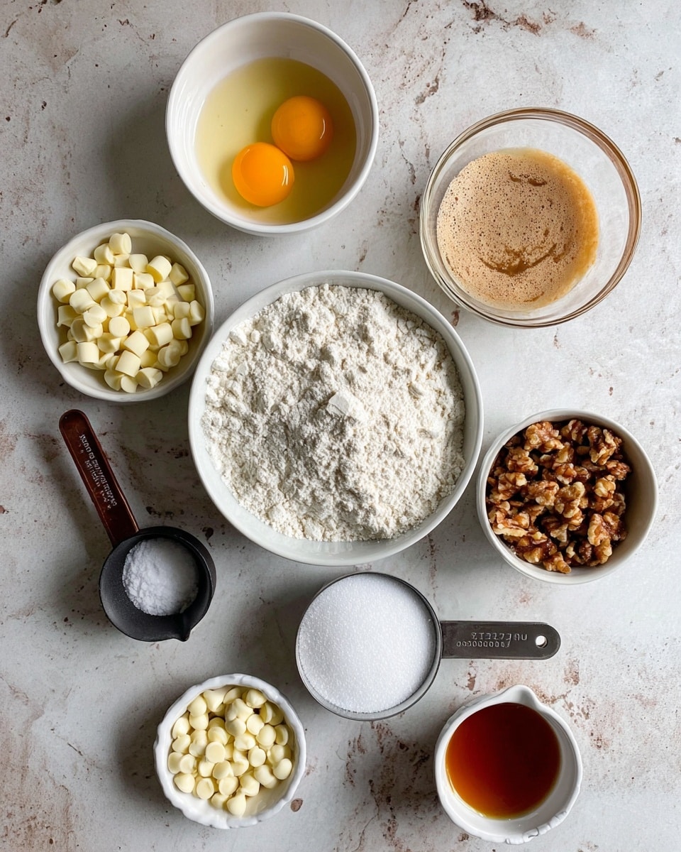 The image shows eight small containers of different baking ingredients arranged over a white marbled surface. In the center, there is a white bowl filled with white flour. To the top left, a white bowl holds two raw eggs with bright yellow yolks. Above the flour bowl, a clear glass bowl is filled with melted butter that has light brown foam on its surface. To the right of the flour, a white bowl contains chopped light brown nuts. Below the nuts, a metal measuring cup holds brown sugar. Below the flour, a black measuring cup is full of white granulated sugar. To the left of the sugar cup, there is a small white round dish with white baking soda and salt. To the left of the flour bowl, a small metal measuring cup contains white chocolate chips, with some scattered around. At the bottom right, a small white cup holds amber-colored vanilla extract. photo taken with an iphone --ar 4:5 --v 7