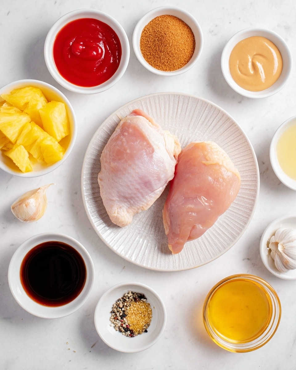 The image shows two raw chicken thighs placed in the center on a white plate with a subtle textured pattern. Around the plate, there are several small white bowls and dishes arranged in a loose circle on a white marbled surface. Starting from the top and moving clockwise, there is a bowl with a red sauce with a light brown dollop on the side, a bowl filled with brown sugar, a bowl of dark soy sauce, a small dish with bright red ketchup in a swirl shape, a bowl of yellow pineapple chunks, a small dish of golden honey, and two bowls with light-colored liquids. There is also a small bowl with a mix of spices, including black pepper and turmeric, and a single garlic clove placed near the spice bowl. The overall arrangement is neat and brightly lit, highlighting the colors and textures of each ingredient. photo taken with an iphone --ar 4:5 --v 7